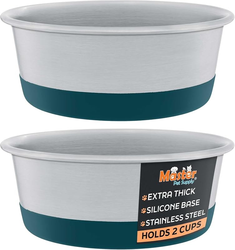 Tigelas de Aço Inoxidável para Cães com Base de Silicone Antiderrapante Master Pet Supply 473 mL Emerald Sea, Pacote com 2