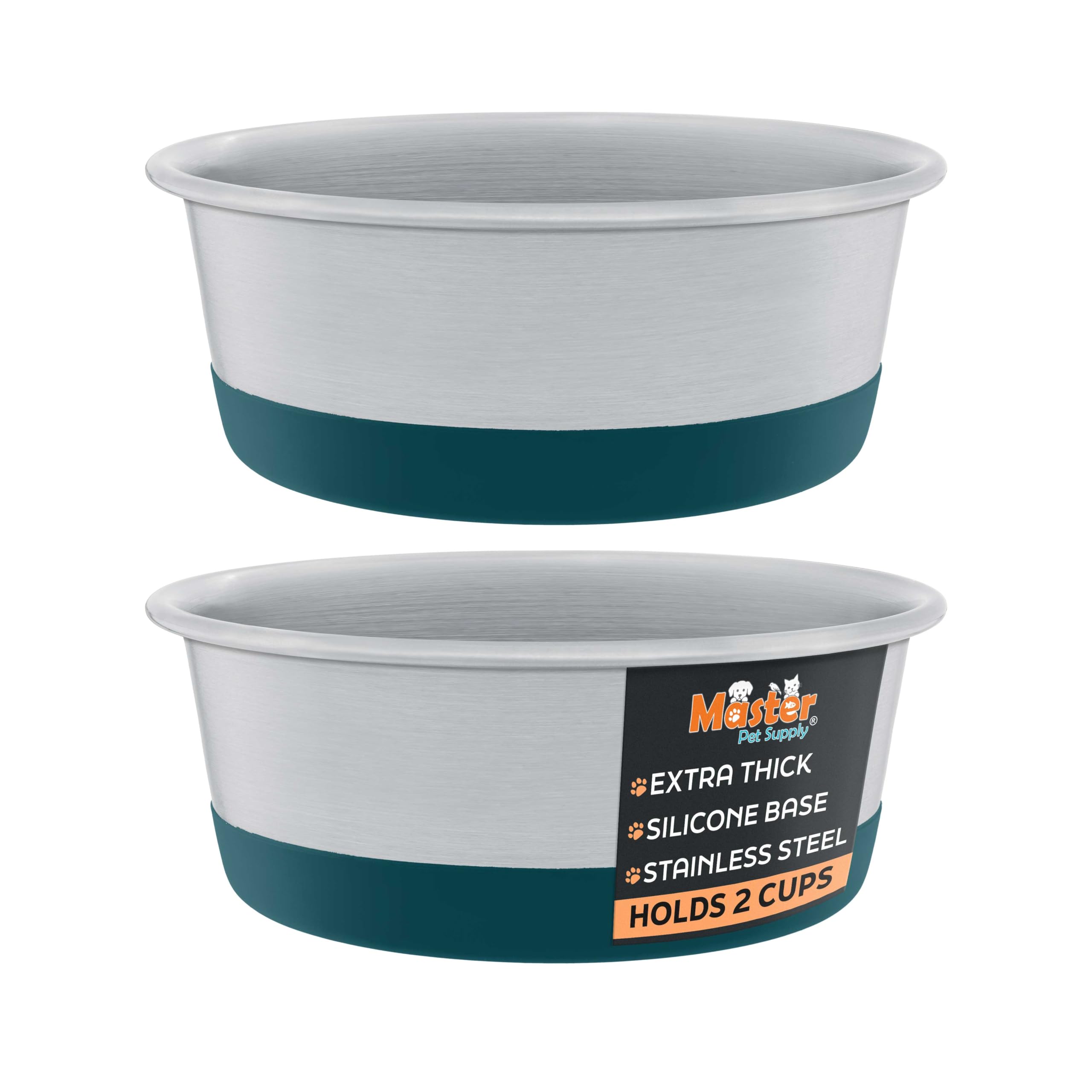 Master Pet Supply Stainless Steel Dog Bowls Set of 2 with Extra Thick Silicone Base - 2 Cup (16 oz) Emerald Sea, Non-Slip, Dishwasher Safe Metal Bowls, Pet Dog Food Bowl for Dogs, Cats, Anti Rust