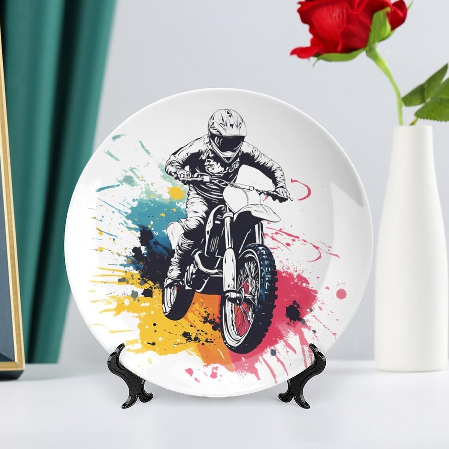 Motocross Biker Dirt Bike Bone China Decorative Porcelain Plates Dinnerware Ornaments