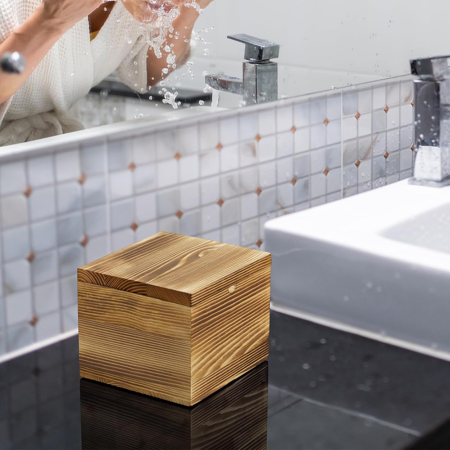 Disposable Face Towel Holder, Burnt Wood Box Compatible with Clean Towels XL(NOT Included), Black Container for Cleansing Facial Dry Wipes, Face Towelettes Bathroom Counter Storage