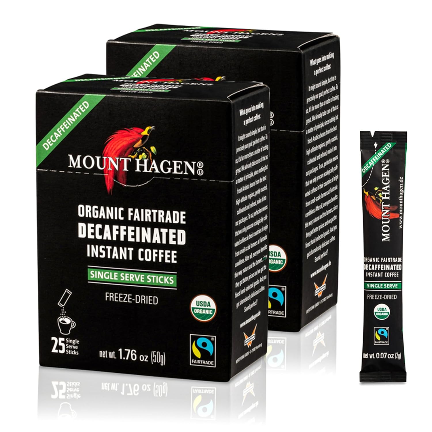 Mount Hagen 25 Count Single Serve Instant Decaf Coffee Packets - 8 pack | Decaffeinated Organic Medium Roast Arabica Beans | Eco-friendly, Fair-Trade [8 x 25 sticks/1.76oz/50g], Pack of 8