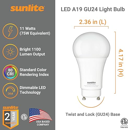 Miniatura 2 de Sunlite Bombilla regulable A19 GU24, 12 vatios (equivalente a 75 W) 1100 lúmenes, base LED de giro y bloqueo de 2 puntas, certificación ETL,