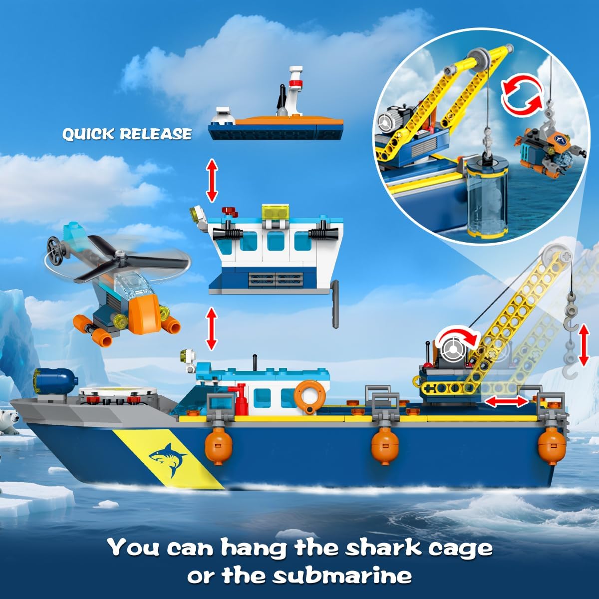 City Floatable Boat Building Set with LED Light - Ocean Arctic Explorer Ship Building Block Kit with Helicopter, Sub Exploration Toy Adventure Set Birthday Gift for Kids Boys Girls 6 7 8 9 10+ - Image 8