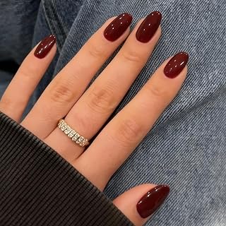 MODELONES Dark Red Almond Press on Nails - Short Reusable Fake Nails Kit, 32pcs 16 Sizes w/ Glue, Tabs, File for Valentine's Gift