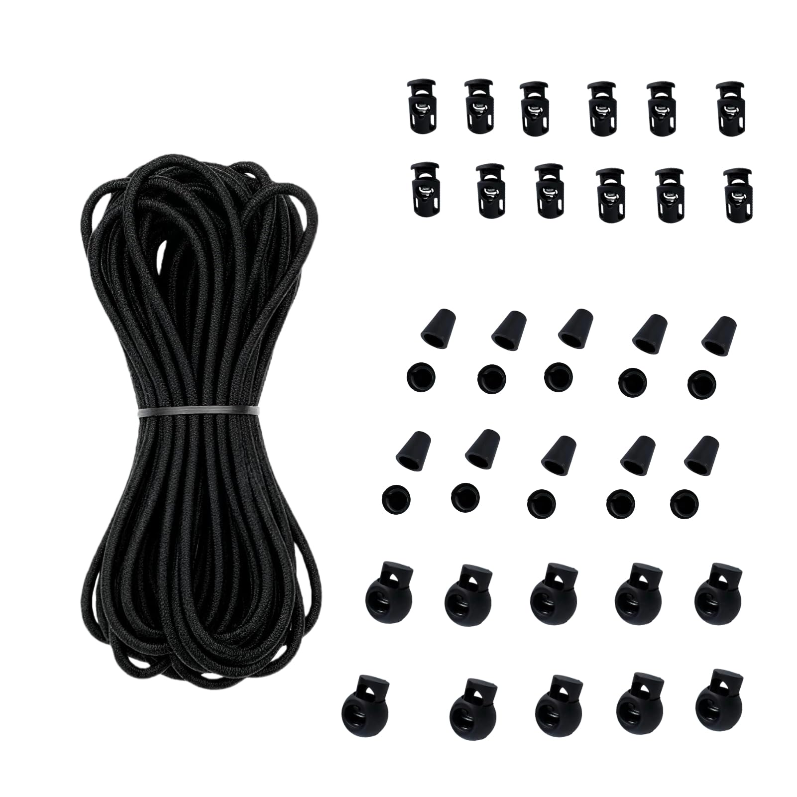 Elastic Shock Cord 3.5mm 10m with 32 Assorted Cord Locks – Includes Bell (17mm), Round Single-Hole (18.5mm) & Long Single-Hole (26.5mm) Stoppers for Clothing, Bags & Outdoor Gear