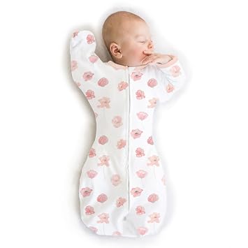 SwaddleDesigns Organic Transitional Swaddle Sack, Arms Up Half-Length Sleeves & Mitten Cuffs, Most Gradual Transition Swaddle for Newborns, Small, 0-3 Month, 6-14 lb, Watercolor Peach Blush Poppies