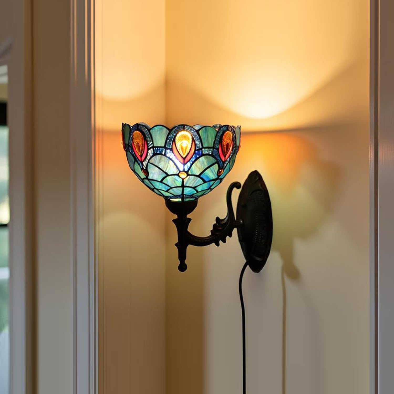 Tiffany Sconce Lamp Stained Glass Wall Lamp,8X10.5X11 Inch Plug in Wall Bedside Light for Hallway Bedroom (Brown Crystal)
