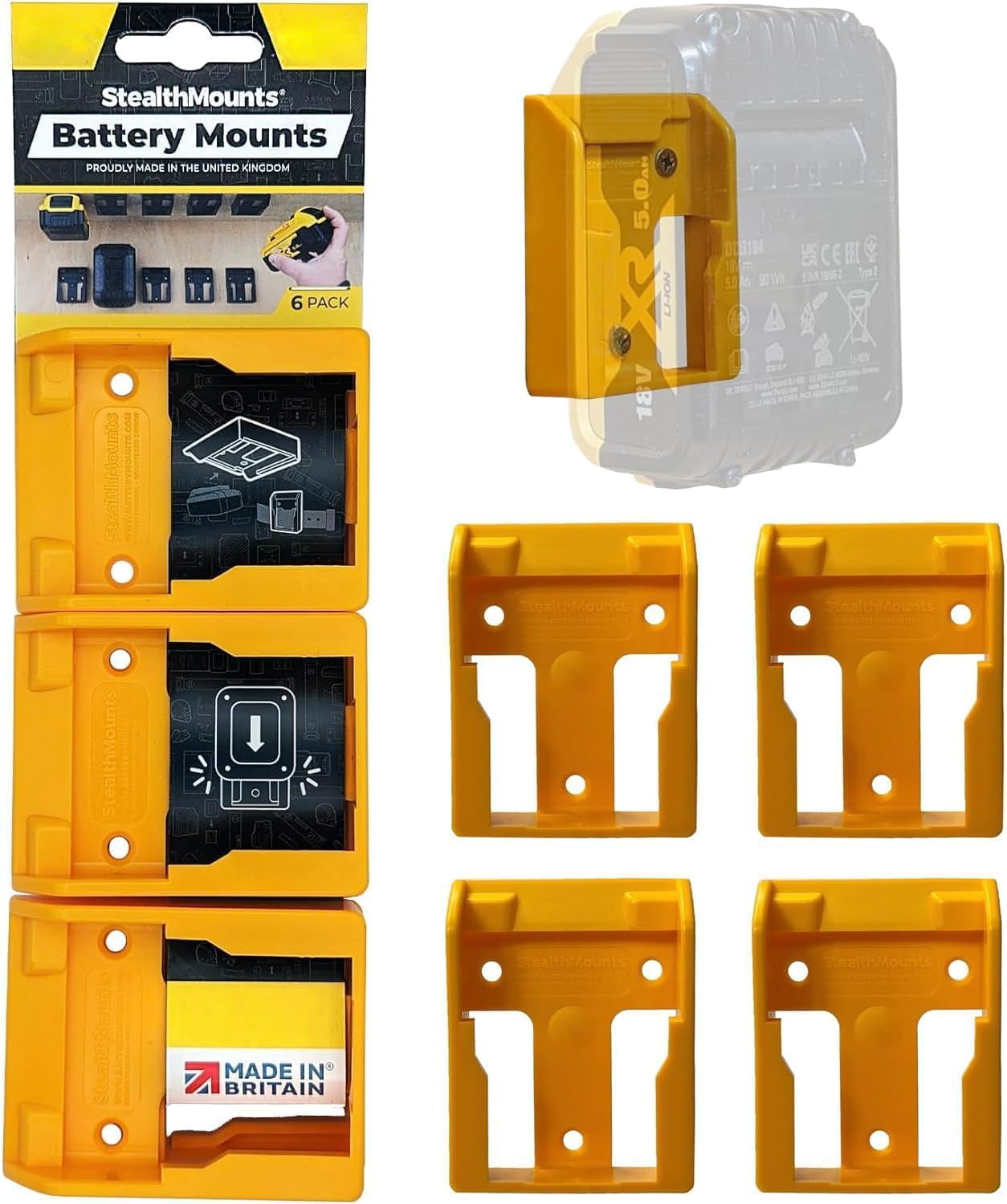 StealthMounts Battery Holder Compatible with DeWalt 20/60V Batteries (4 Pack) - Yellow Battery Mounts | Made in The UK