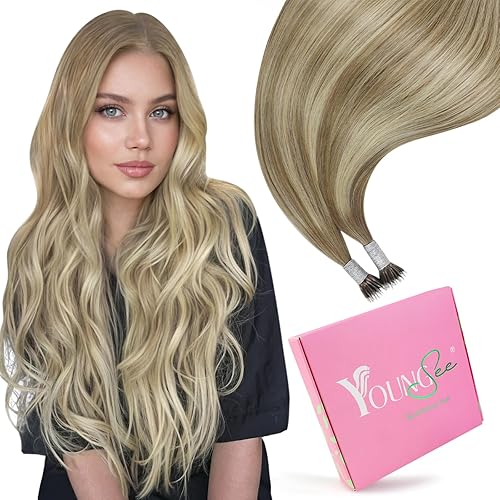 YoungSee Nano Hair Extensions Human Hair Ombre Nano Ring Hair Extensions Light Brown with Platinum Blonde Nano-Bead Hair Extension Human Hair Balayage Brown 14 Inch 50g 50 Strands for Wedding