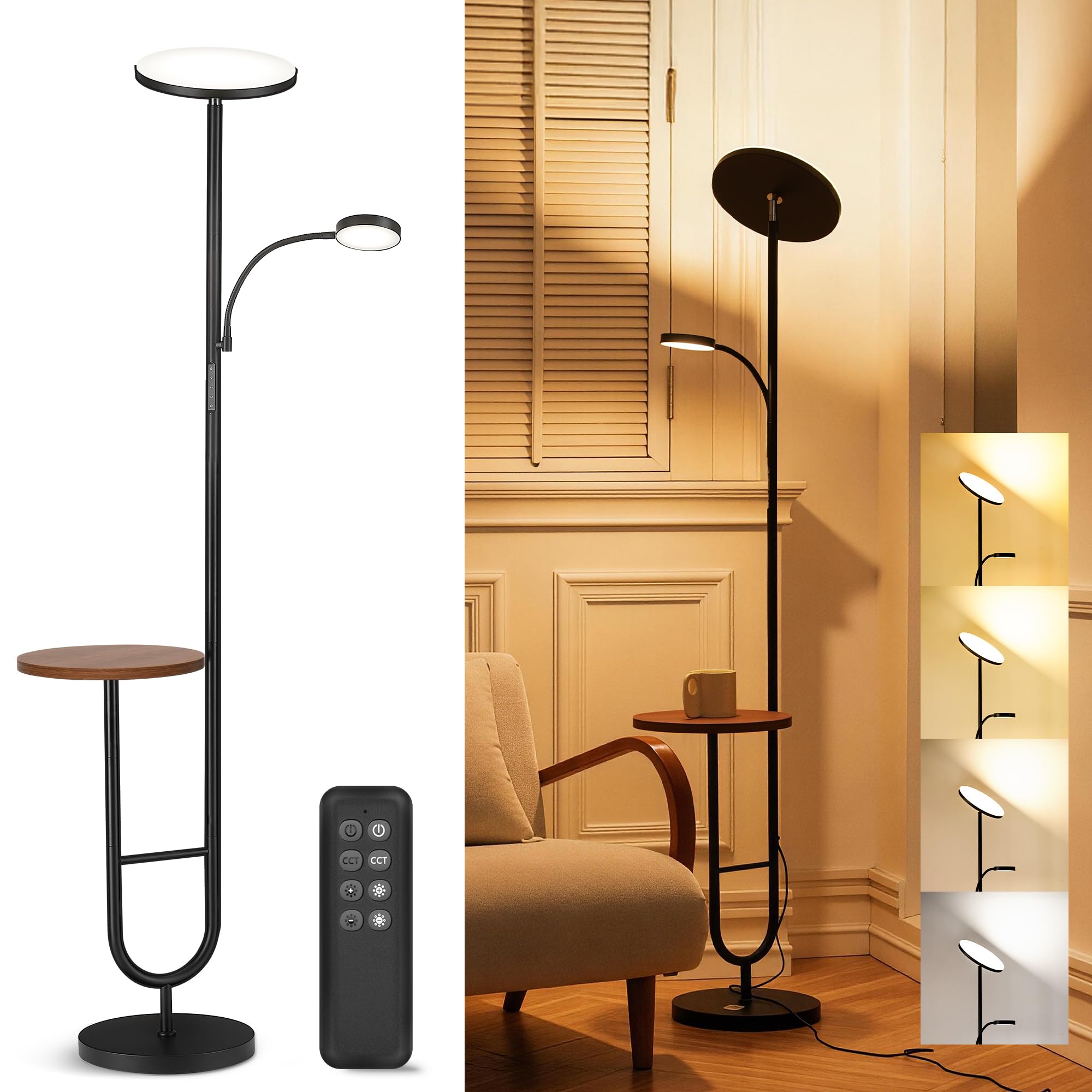 LED Uplighter Floor Lamp with Table & Reading Light, Super Bright 36W Dimmable Standing Lamp with Shelf, Remote & Touch Control, 1H Timer, Modern Floor Lamp with Brown Shelf for Living Room Bedroom