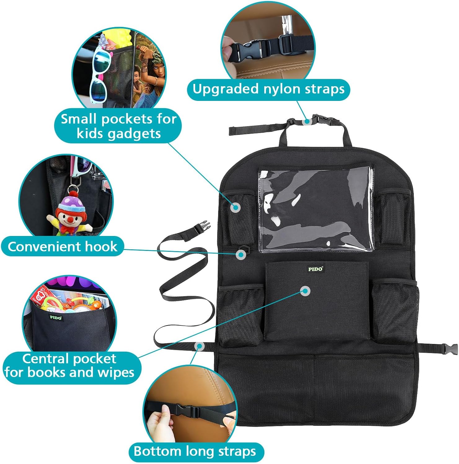 PIDO Backseat Car Organizer, Car Seat Organizer for Kids with Touch Screen Tablet Holder and 8 Pockets, Automotive Seat Back Kick Mat Made with Heavy Duty Fabric, Road Trip Essentials, 2 Pack