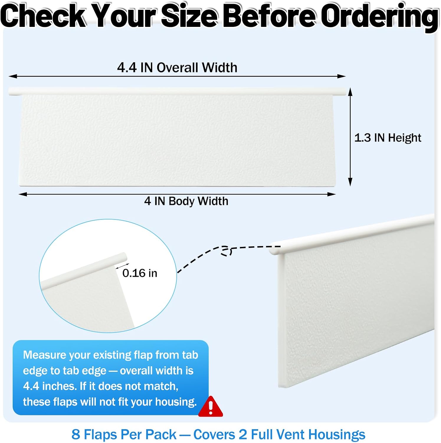 8-Pack Dryer Vent Louver Replacement Flaps for 4 Inch Outdoor Vents Cover | 1.3" H x 4.4" W, Snap-in install, no tools, Weather-resistant plastic, Auto-close flaps, Blocks cold drafts and debris