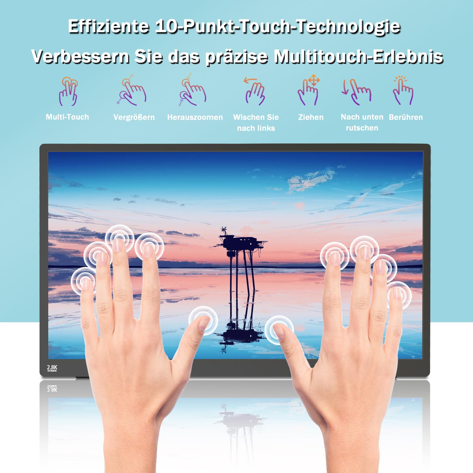 15,6 Zoll 2,5K Touchscreen Monitor,FHD 2880x1620 IPS 100Hz 16:9,10-Punkt-Touch Portable Monitor with 100%sRGB,Ultradünn Erweiterter Tragbarer Monitor für Laptops/PCs/Smartphone/Macs/Xbox/PS5