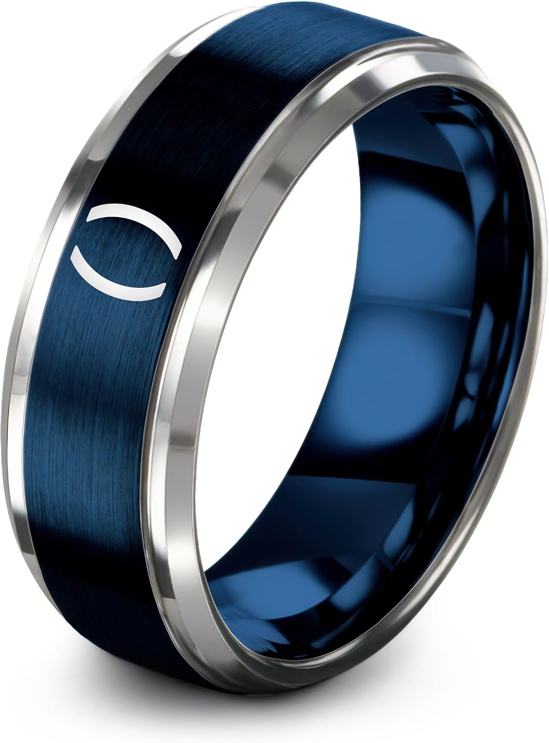 Gift for Programmer - Parentheses Ring - 8mm - Tungsten Carbide - Anniversary Engagement Wedding - Men Women - Flat Dome Bevel - Personalized Custom Engraving - Blue Gunmetal Silver - Band