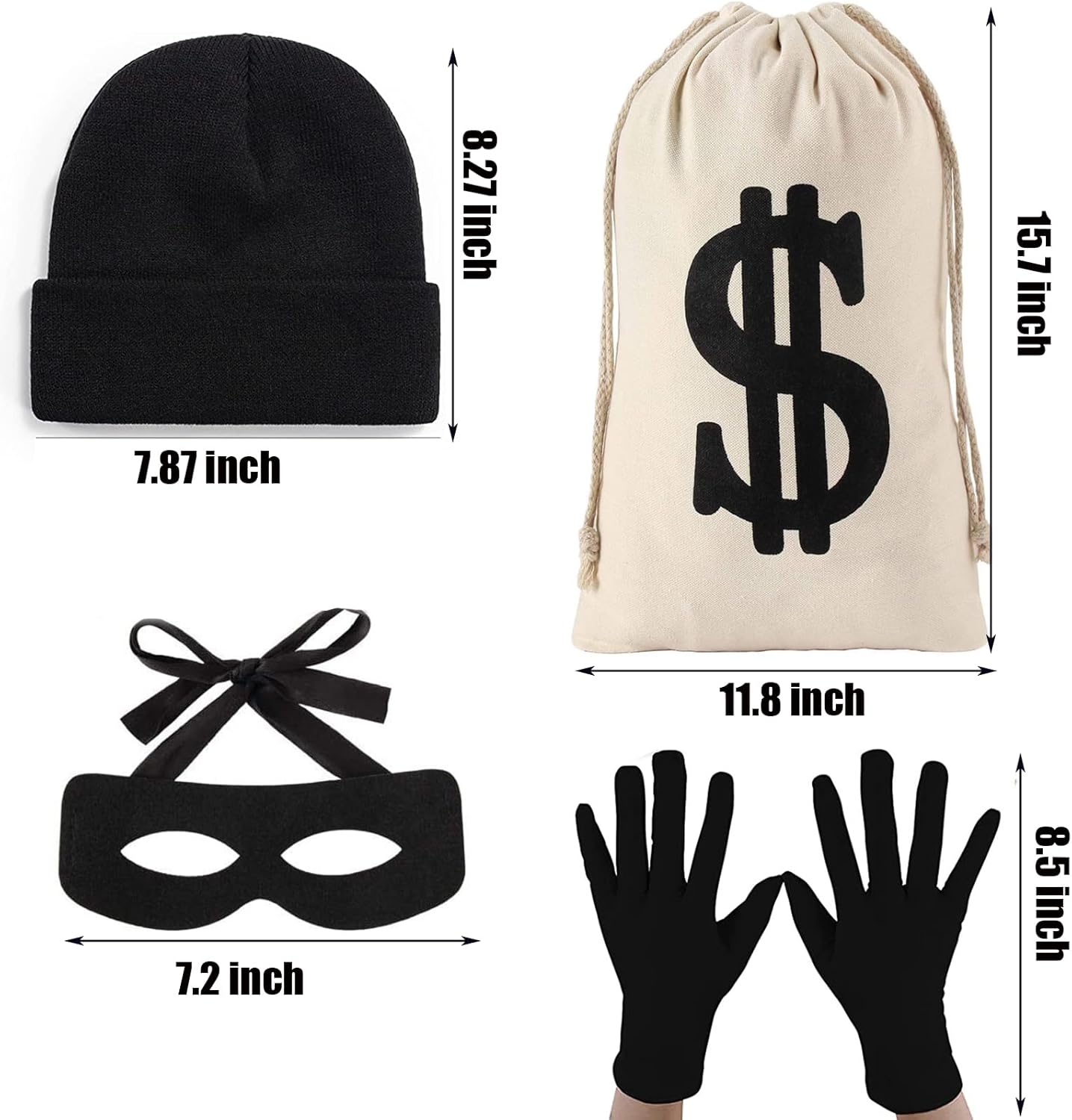 4 Pieces Robber Costume Set for Halloween Cosplay Burglar Pirate Thief Theme Party, Include Canvas Dollar Sign Money Bags Bandit Eye Mask Knit Beanie Hat for Halloween Bank Robber Cosplay - Image 9