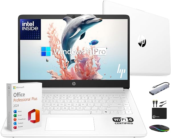 HP 14" Laptop Thin and Light for 2026 Student Business with Office Suite, Copilot AI, Intel CPU Up to 2.8GHz, 16GB RAM, 628GB Storage (128GB SSD+500GB Ext), WiFi 6, Win 11 Pro, MarxsolAccessory, White - 1