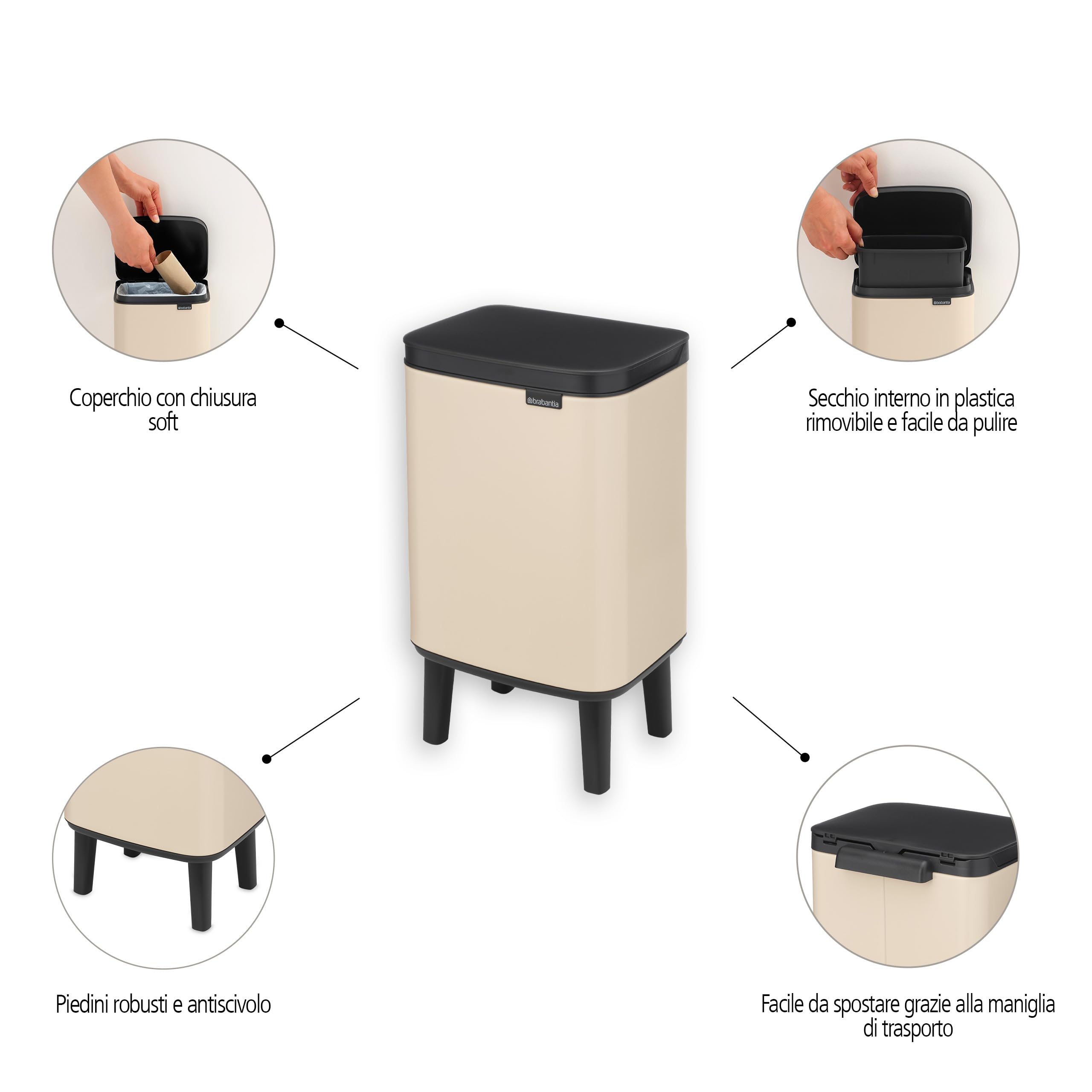 Brabantia Bo Hi 4L Pattumiera con coperchio Soft Close, Secchio Spazzatura ideale per bagno, camera da letto e ufficio, Cestino con secchio interno rimovibile e maniglia - Soft Beige