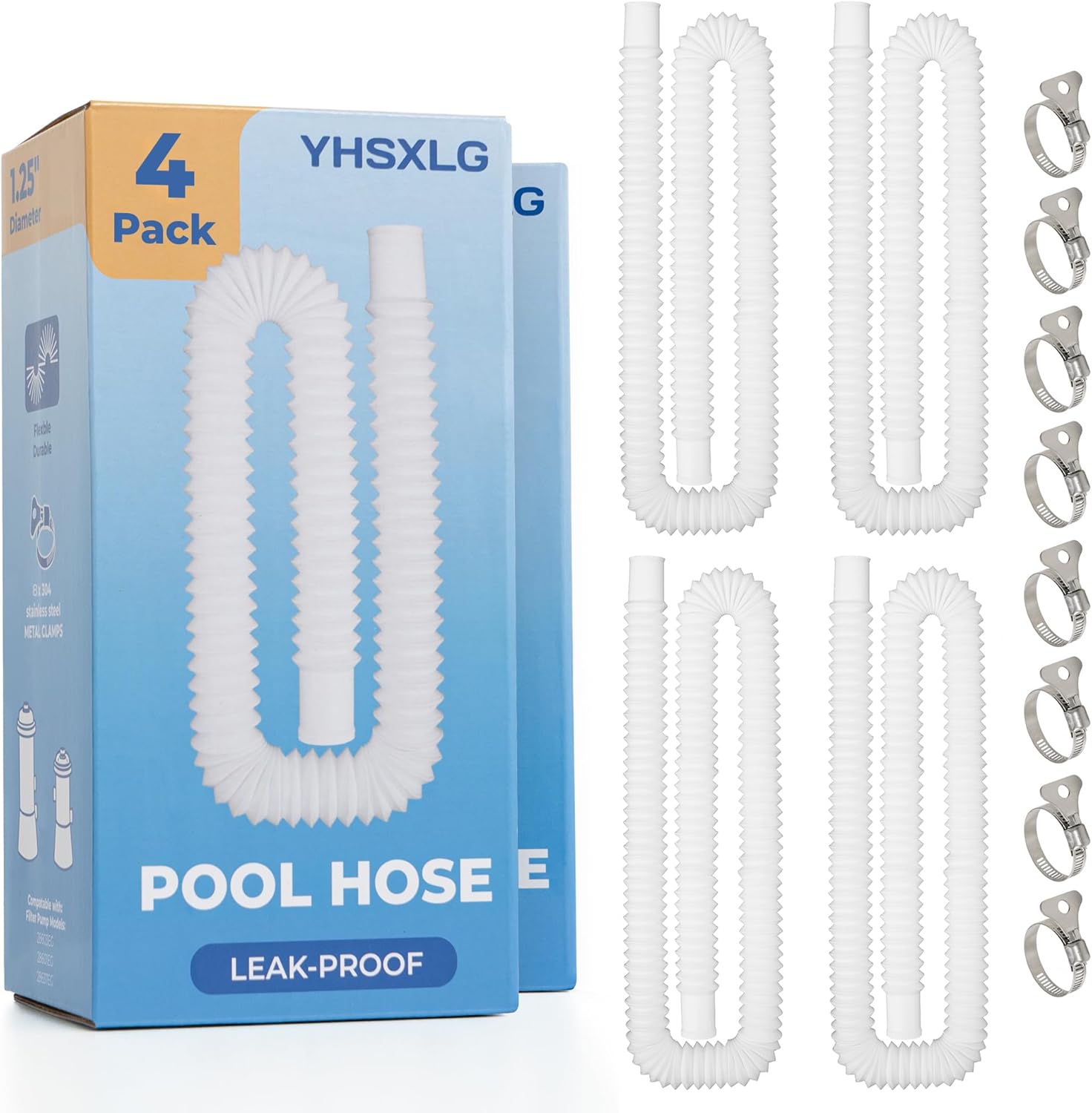 Pool Hoses for Above Ground Pools, 4 Pack 1.25 Inch Pool Filter Pump Hoses, Compatible with Pool Filter Pump 607, 637 With 8 Metal Clamps
