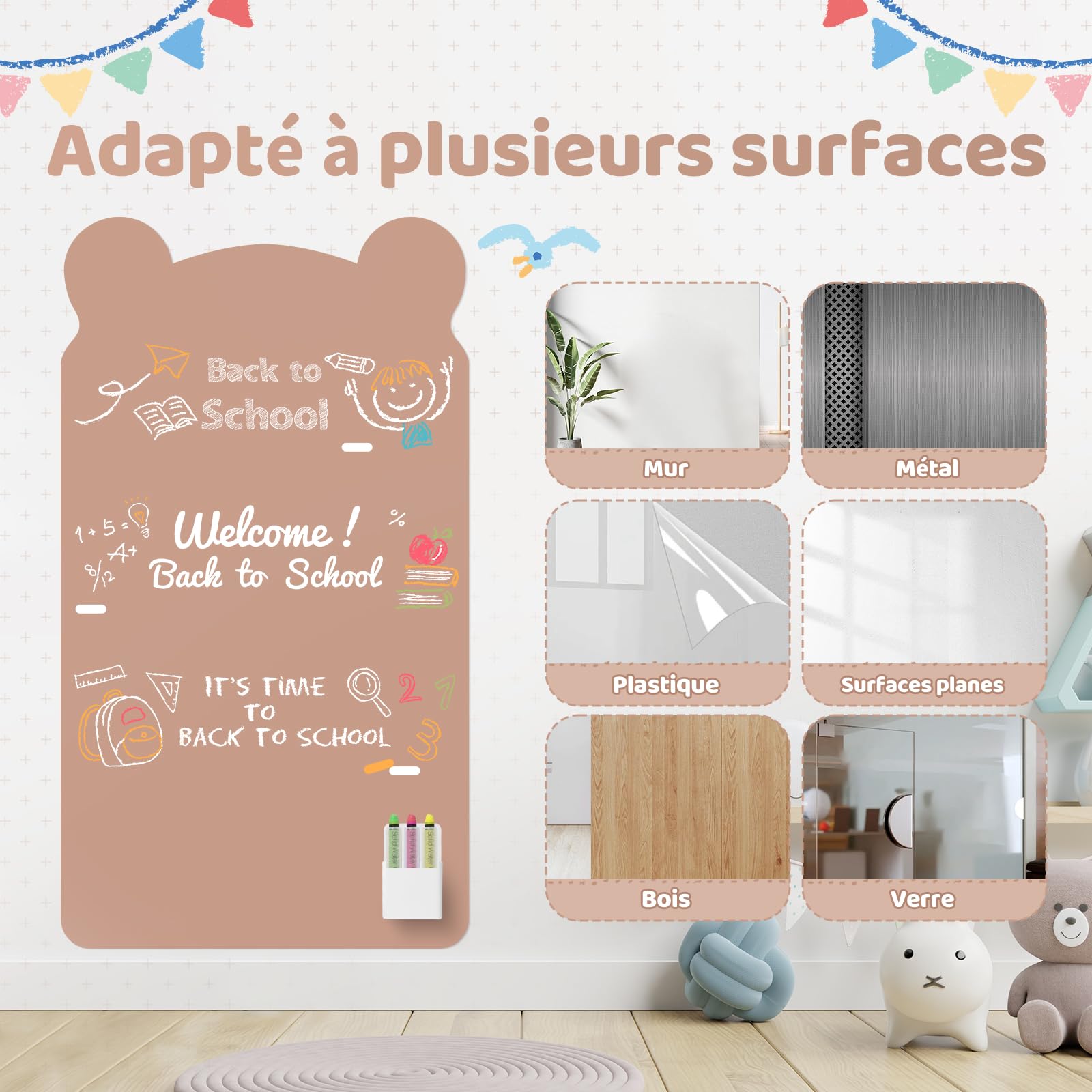 Tableau magnétique - 120 x 60 cm - Motif petit ours - 12 stylos à craie, 1 chiffon de nettoyage, 6 supports à craie, 1 boîte de rangement, 1 ruban adhésif, tableau à dessin magnétique (marron)