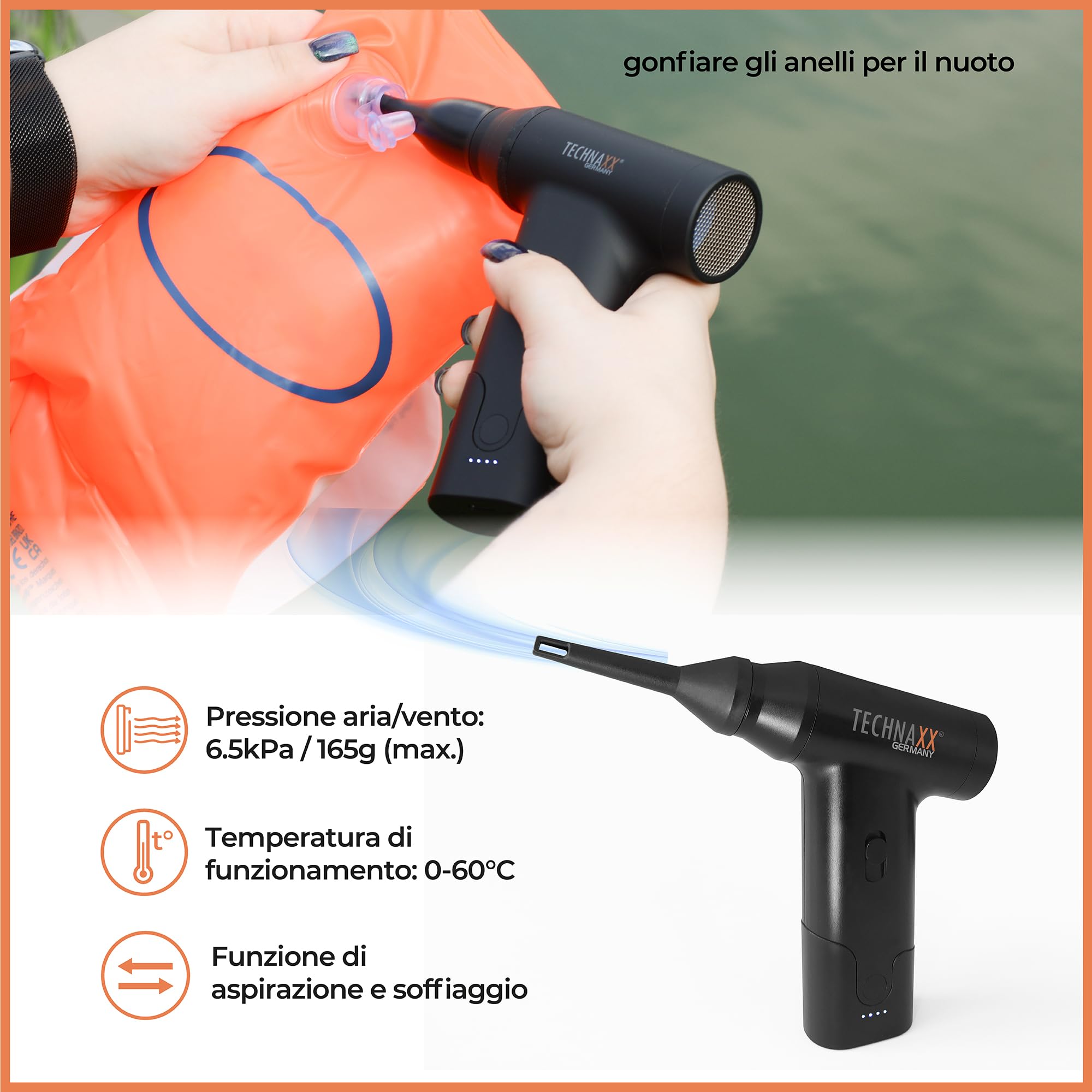 Technaxx TX-293, aspirapolvere portatile a batteria con spolverino d'aria, aspiratore elettrico ricaricabile da 160 W - Controllo continuo della velocità, 5 accessori versatili - Ideale per auto, tast