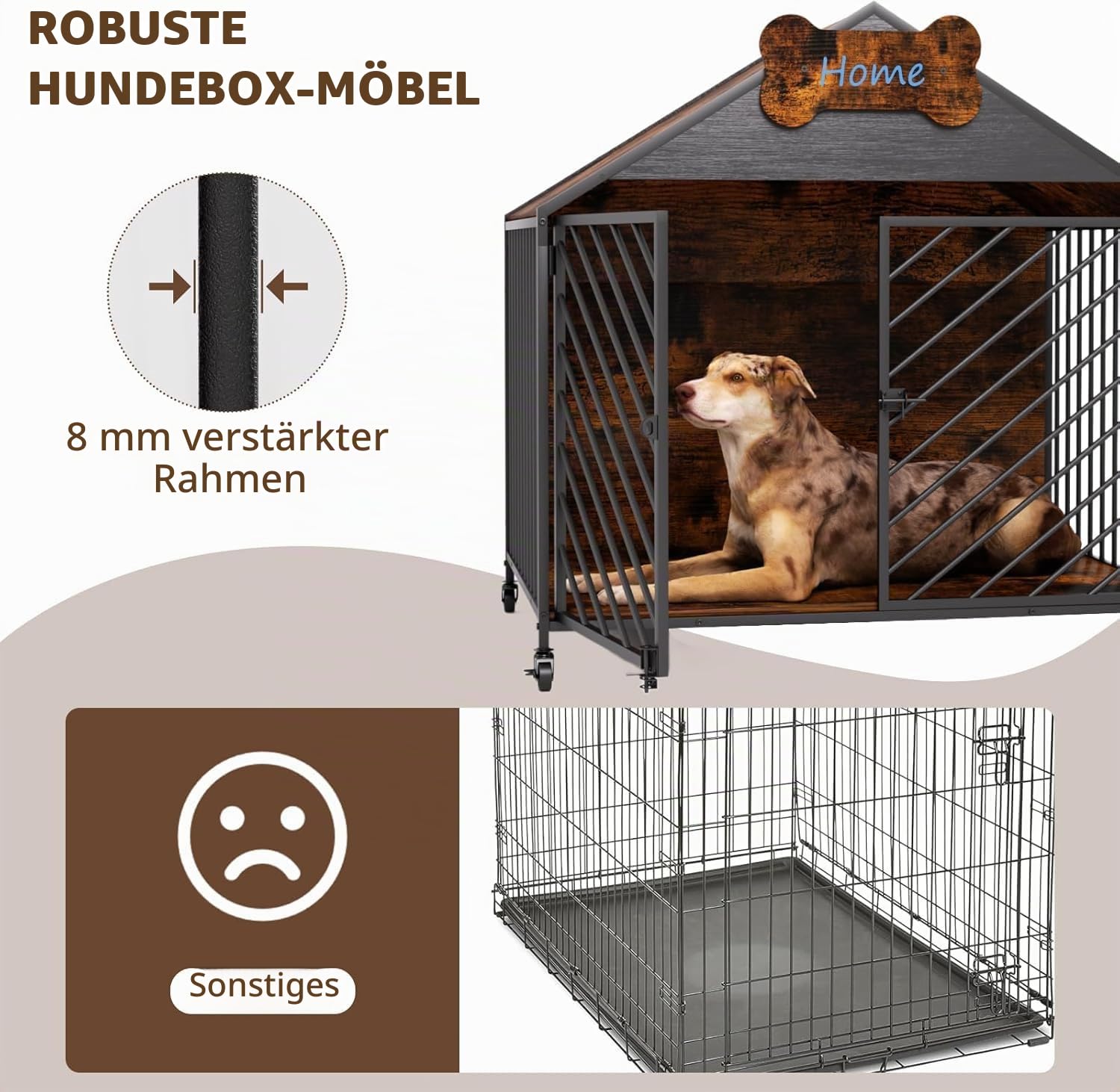 Hundekäfig Möbel, 100 cm Hundebox, Kissen, Rollen, Haustier-id | Hundeschrank für Groß Hunde, Moderne Hundebox für Zuhause, Abschließbar Tür hundekiste, 100×63×94 cm