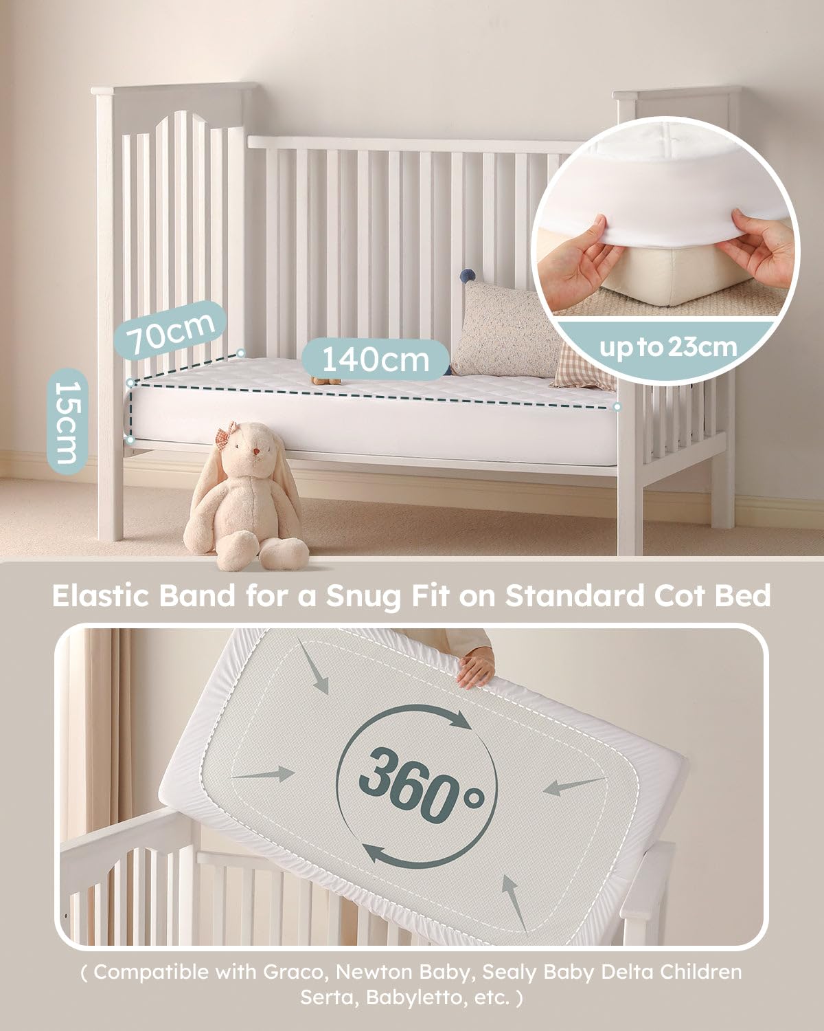 Yoofoss Waterproof Baby Mattress Protector 70 x 140 cm Adjustable Fitted Sheet Removable and Washable for Cot Bed - 5