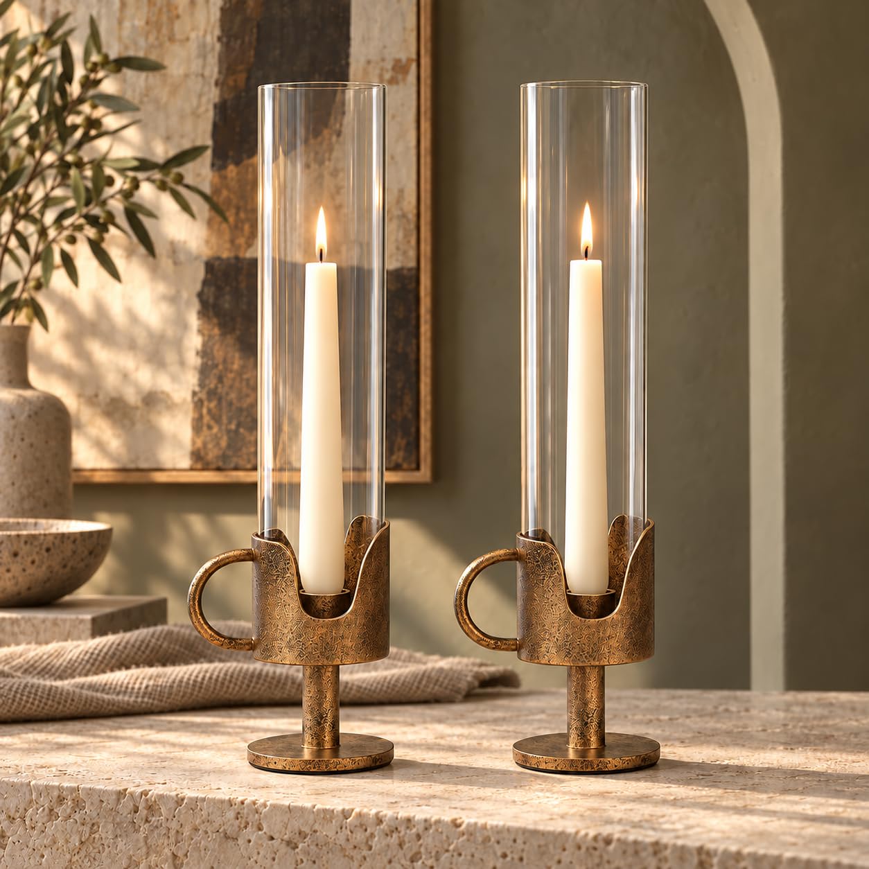 Vintage Hurricane Candle Holders Set of 2, Tall Glass Antique Gold Lanterns