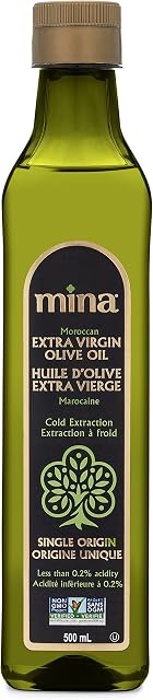 Mina Huile d'olive extra vierge, d'origine unique, extrait à froid, huile d'olivier marocaine élevée en polyphénols, 500ML – 16.9 C'est vrai.