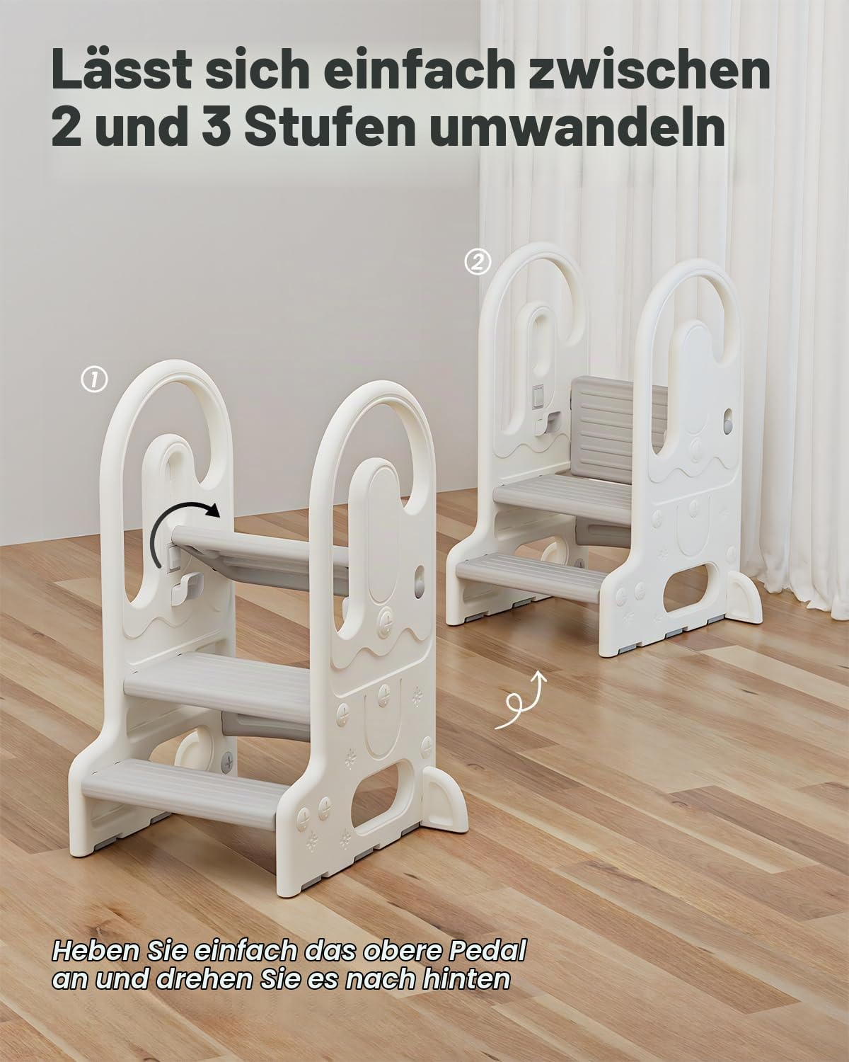 Kinder Tritthocker mit Sicherheitsgriffen, 2 oder 3-stufig höhenverstellbar, Rutschfester Schemel für Bad, Küche & Töpfchentraining (Grau)