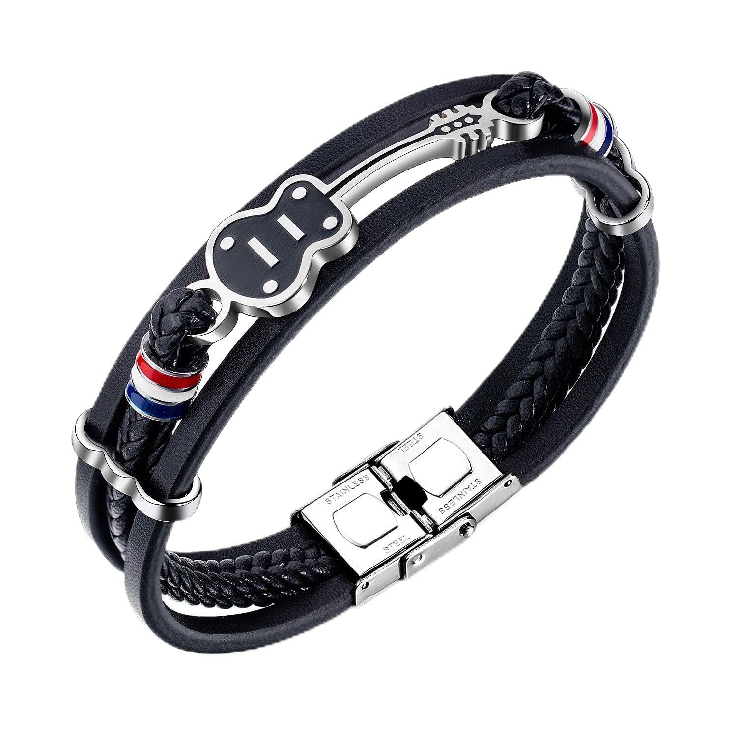 Mens Womens Black Leather Cuff Bracelet Multi-Layer Cowhide Handmade Woven Rope Guitar Wristband