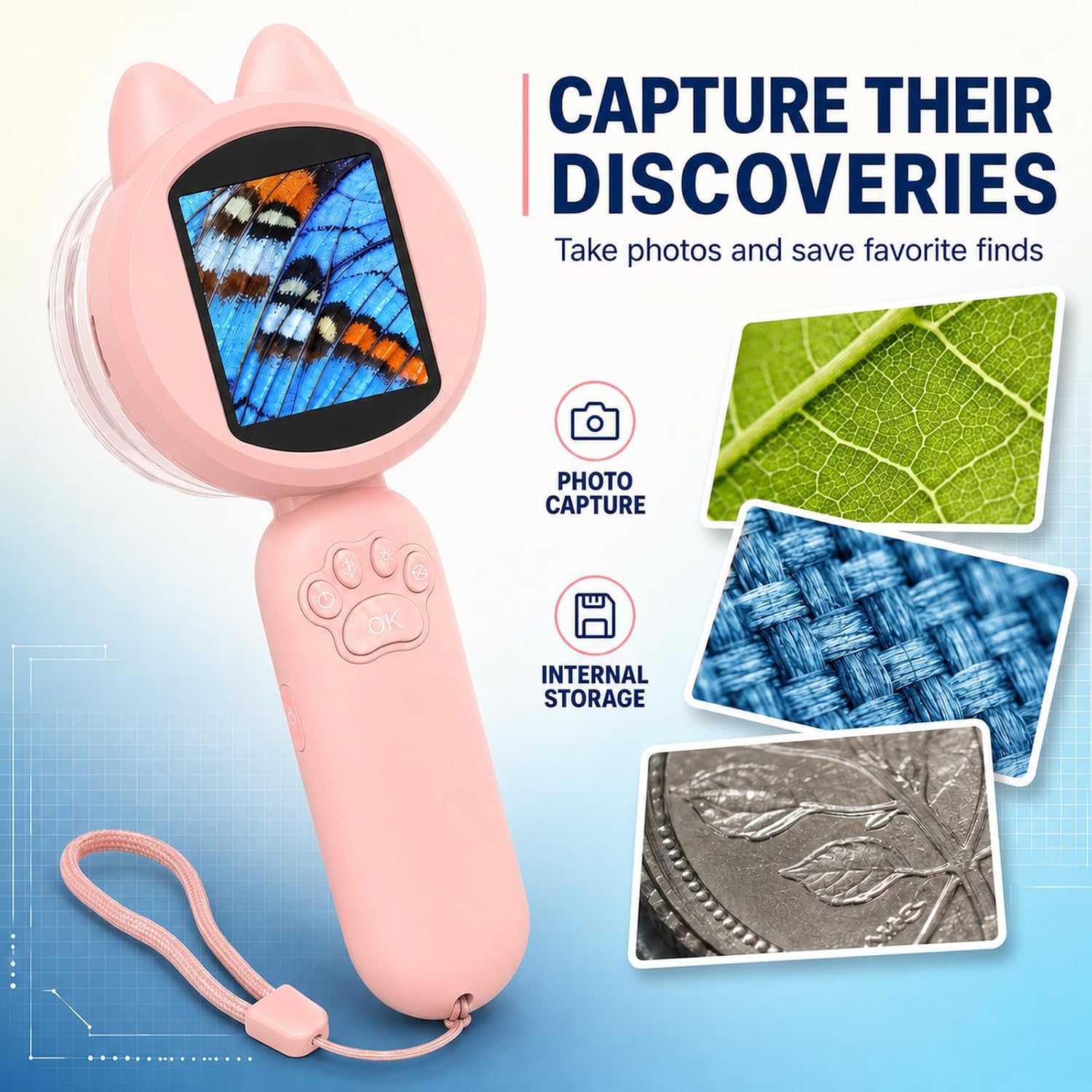 Kids Digital Microscope, 2-Inch Screen, 4X Zoom, 8 LEDs, Pink | Pink cat-ear STEM gift; photo/video, 3 puzzle games and Type-C charging for summer and outdoor discovery
