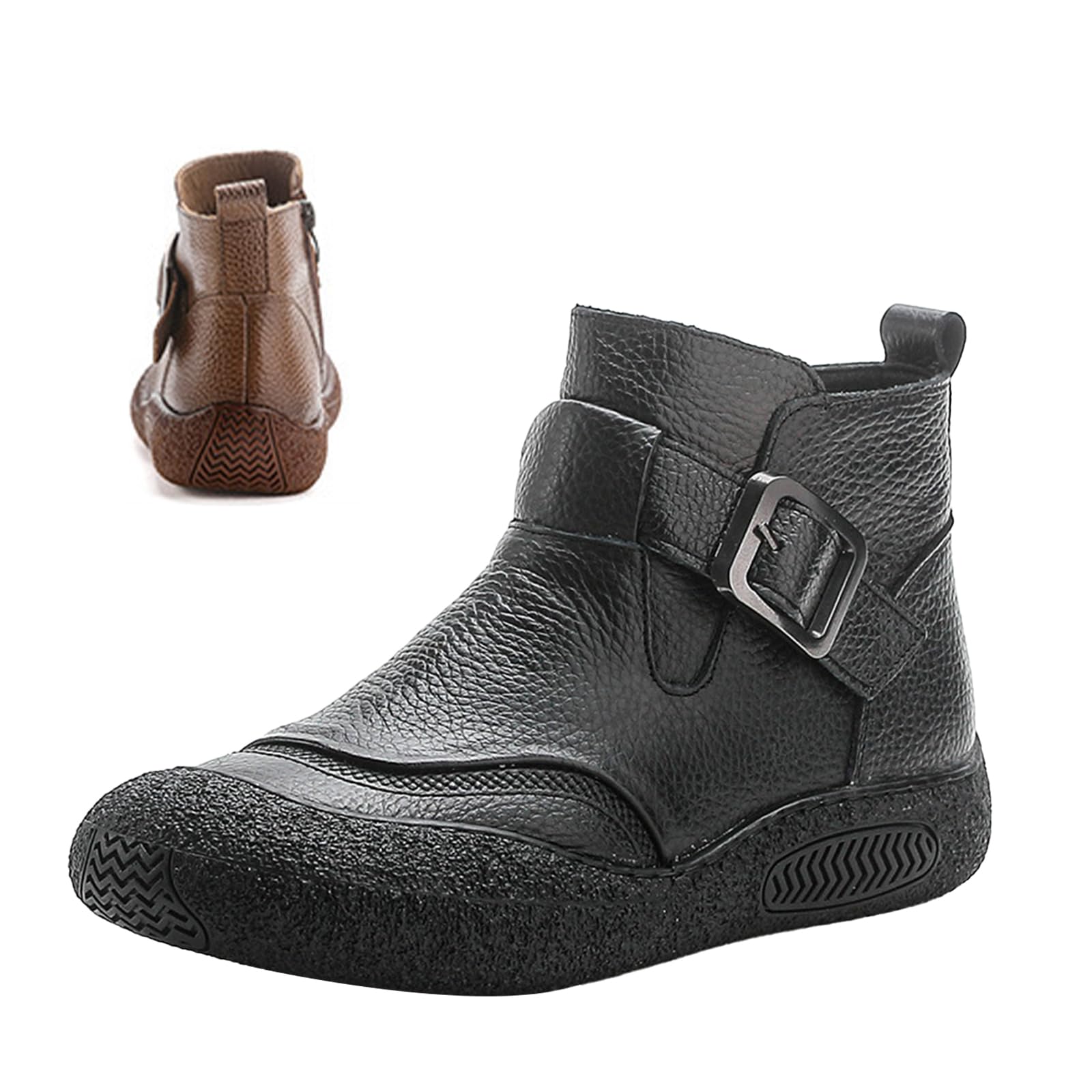 Womens Vintage Leather Casual Ankle-Support Boots Comfy Warm Waterproof Non-slip Softsole Buckle Zipper Short Booties