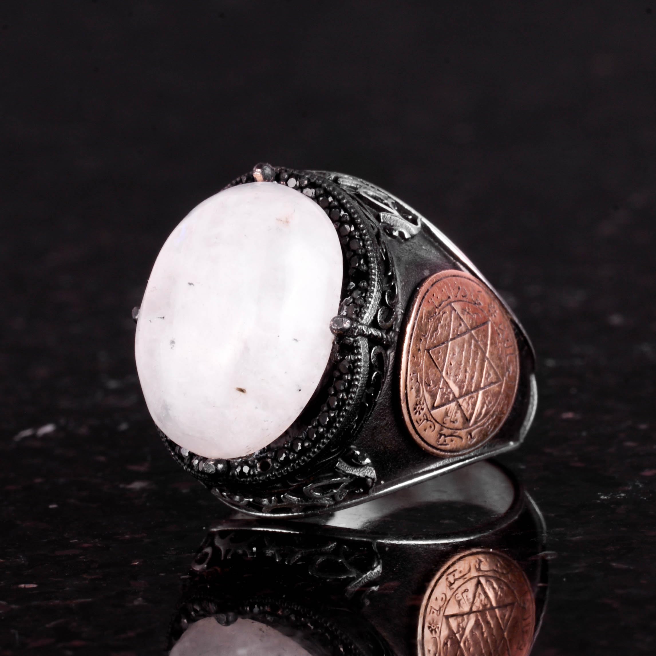 KAMBO Siegel des Salomon Ring, Mondstein Edelstein Ring - Mystischer 925K Massiver Sterling Silber Herrenring - Mondstrahlung Design, Silberedelstein, Mondstein, Silberner Edelstein, Mondstein