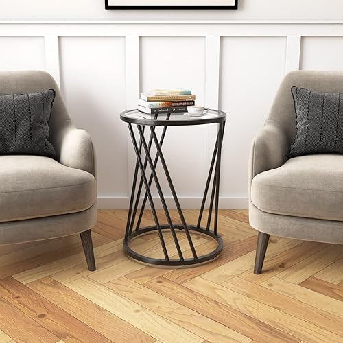 Miniatura 6 de Mesa auxiliar redonda, mesas auxiliares modernas para sala de estar, oficina, espacios pequeños, mesa auxiliar de cristal negro con marcos de metal,