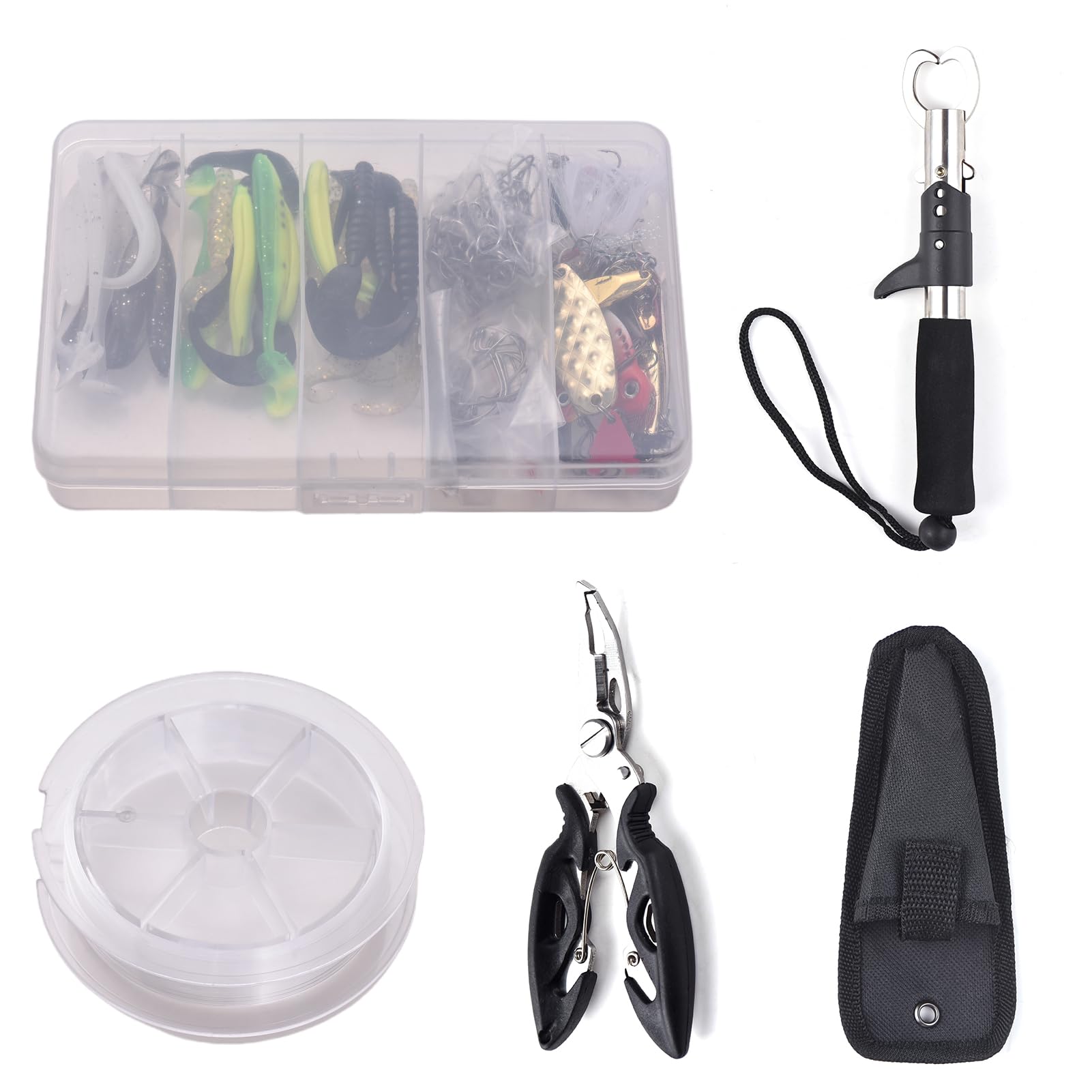 SOUUXIU Fishing Lures Baits Tackle Set with Soft Bait, 100m Nylon Line, Metal Fish Controller for Freshwater and Saltwater Fishingwith Fishing Tool Kit (T19063)