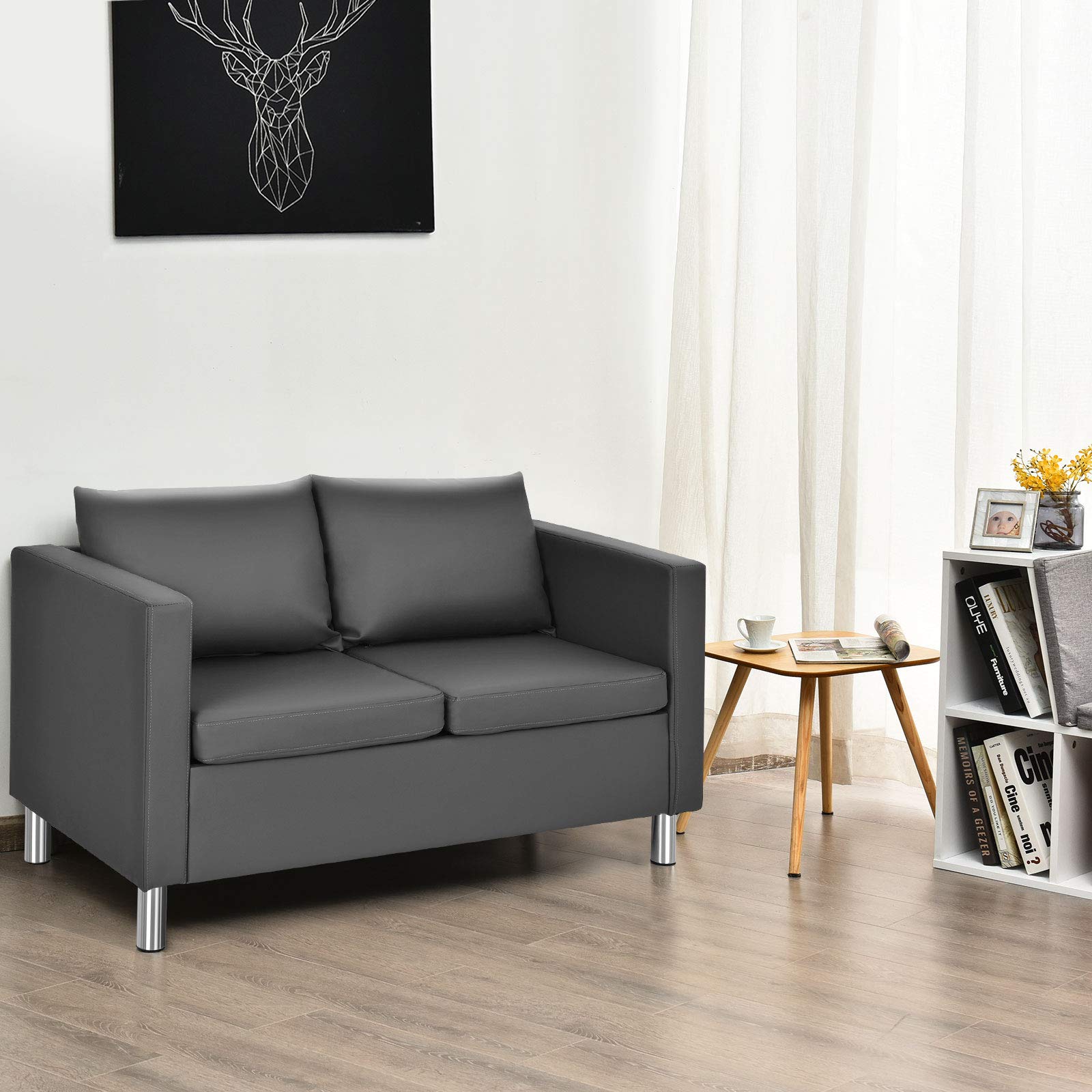COSTWAY Divano Moderno a 2 Posti, Divano con Cuscino Morbido, Gambe in Legno di Gomma, In Similpelle PU, Grigio