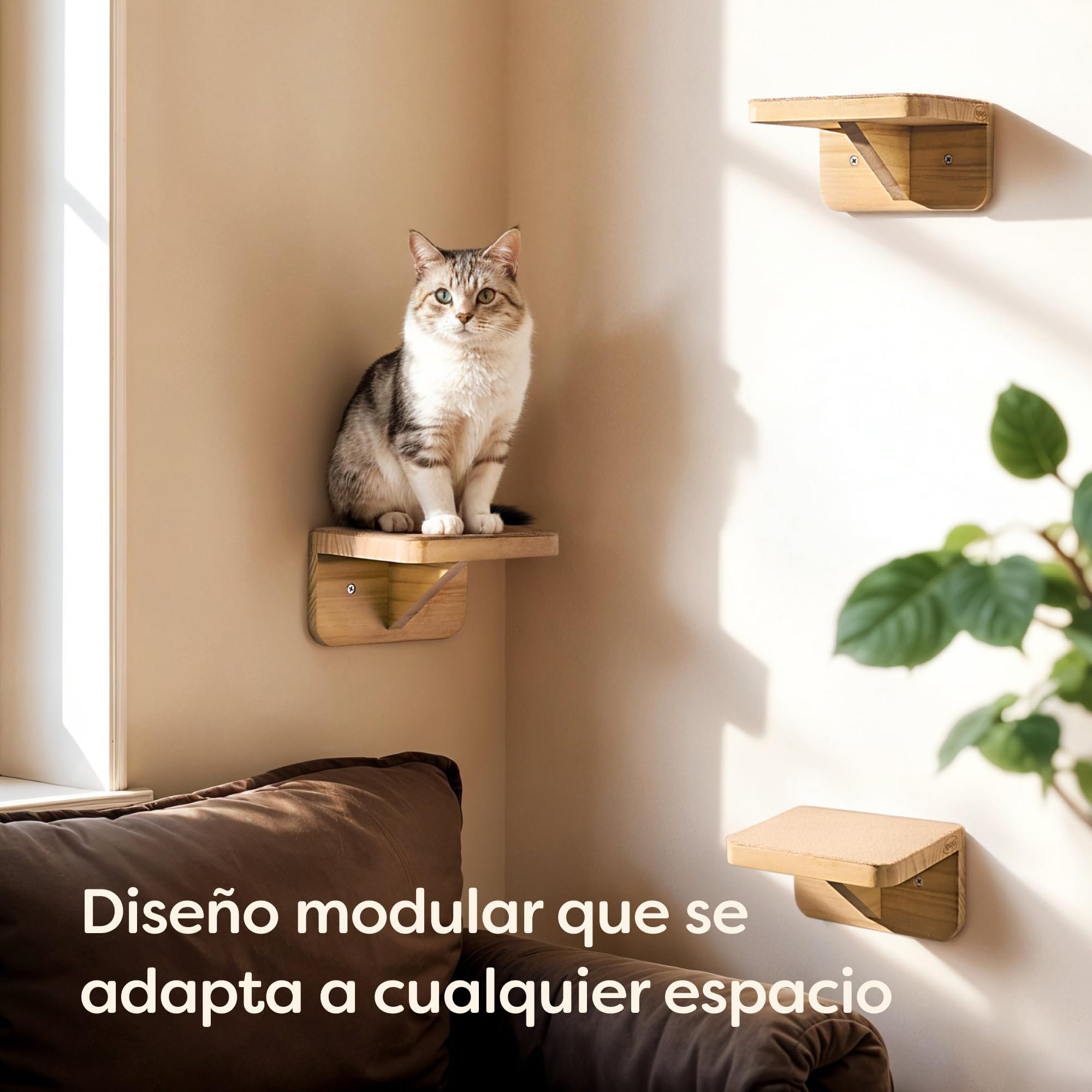 Knupis Estante De Pared para Gatos - 3 Escaleras para Gatos Pared - Madera De Pino Fsc® - Fieltro Antideslizante - Fácil Montaje - hasta 30 Kg (Beige) | Estable hasta 30 kg, no tejido antideslizante, montaje en minutos, madera de pino FSC, muebles de pare