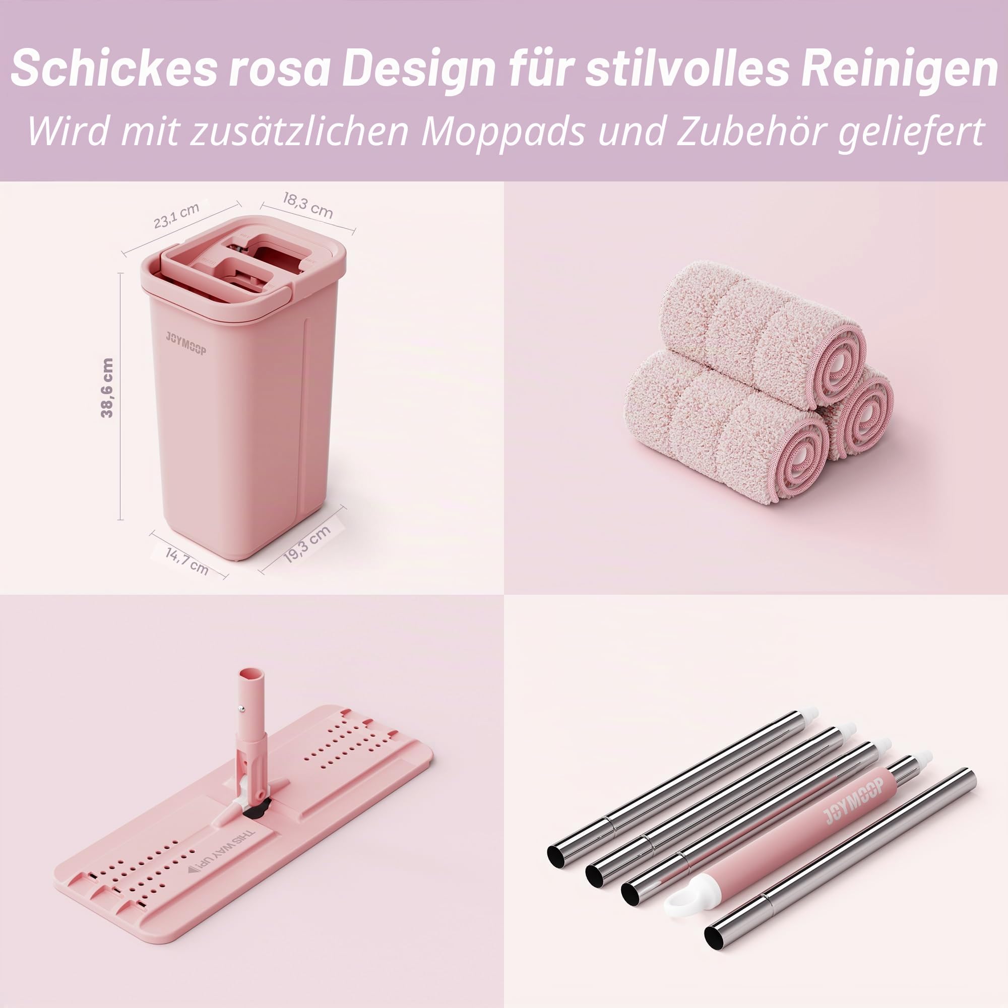 JOYMOOP Wischmopp und Eimer mit Auswringer-Set, freihändiger Flacher Bodenwischer und Eimer, 152,4 cm Wischmopp mit 3 wiederverwendbaren Mikrofaser-Pads, Nass- und Trockengebrauch