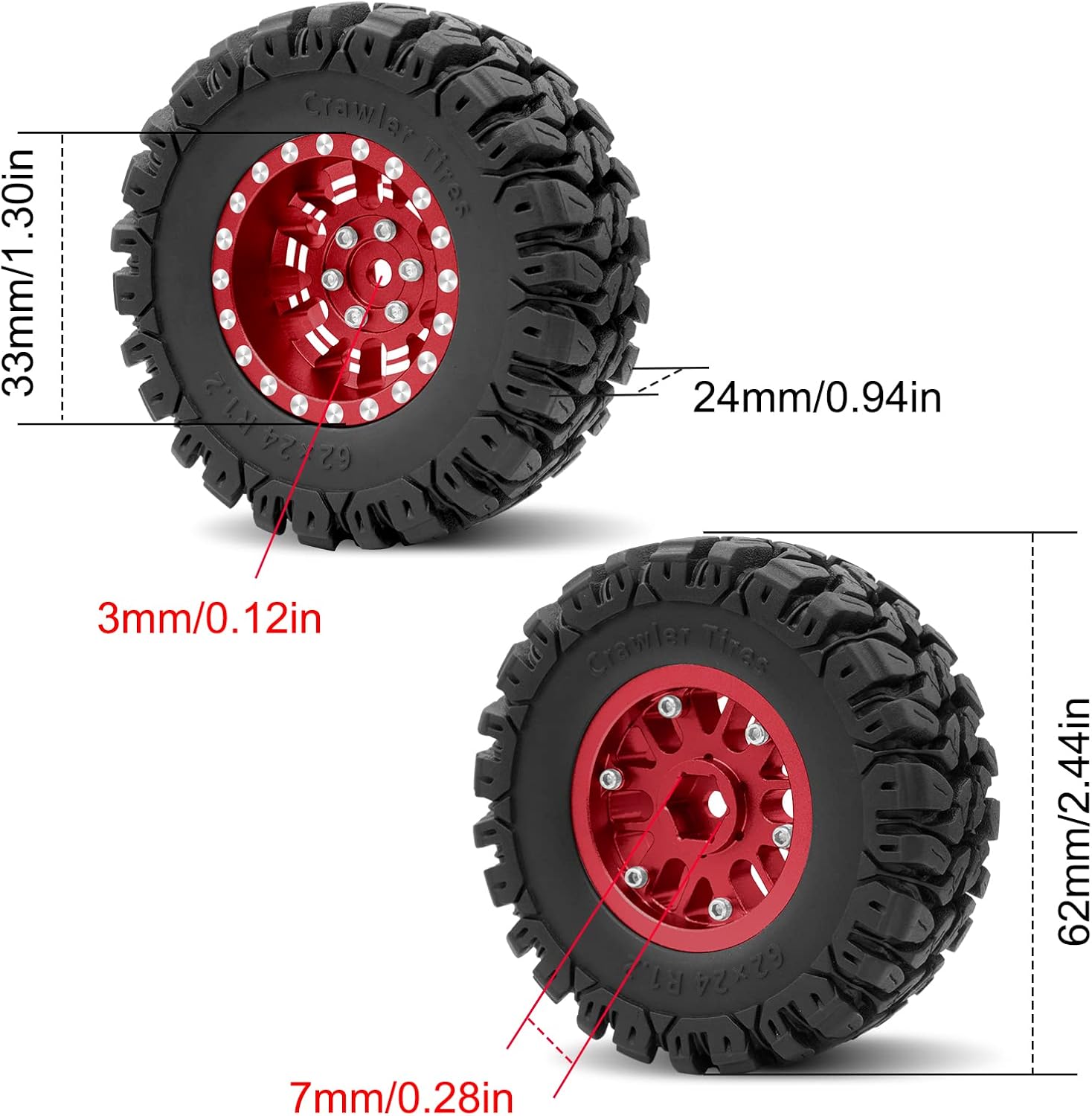 OGRC 1.0 Plus (1.2 Inches) Beadlock Wheels 7mm Negative Offset Wheel Rims Super Soft Sticky Tires for TRX4M SCX24 FCX24 AX24 1/24 1/18 RC Crawler Car - 62 * 24mm (Red)