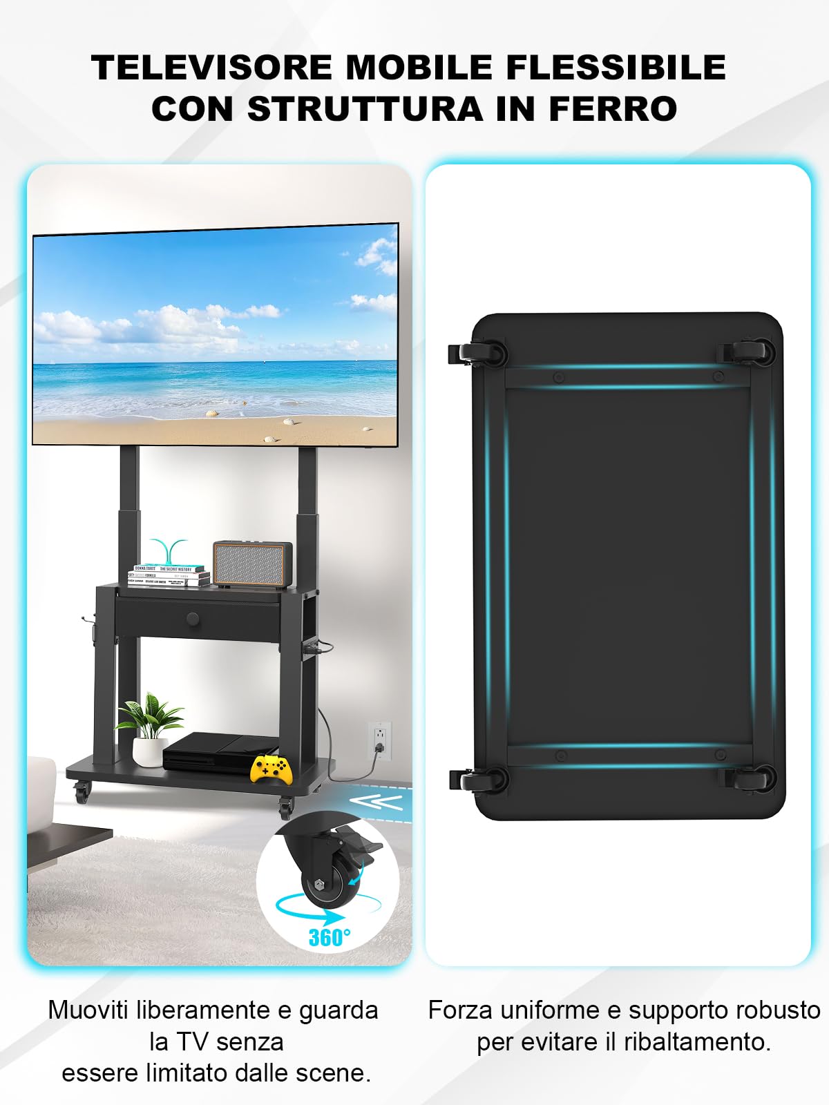 Supporto TV con cassetto in tessuto, per schermo piatto/curvo da 32"-75", fino a 200 libbre LCD/LED/OLED, carrello per TV mobile con ruote per casa ufficio all'aperto Max VESA 600 x 400 mm, nero