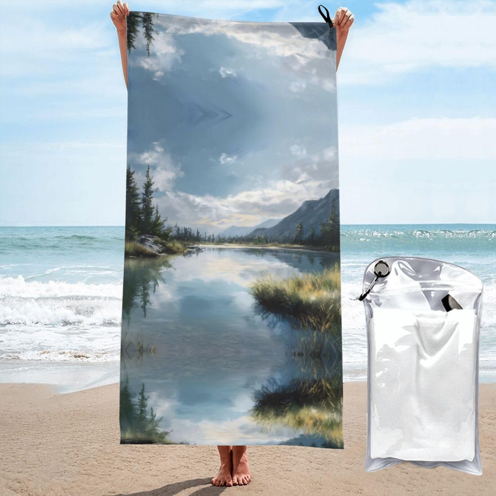 ESNAIUVCD Tranquil Lake Print Beach Towel, Microfibre Sauna Towel, Quick-Drying Fitness Towel, Lightweight And Thin Portable Sauna Towel
