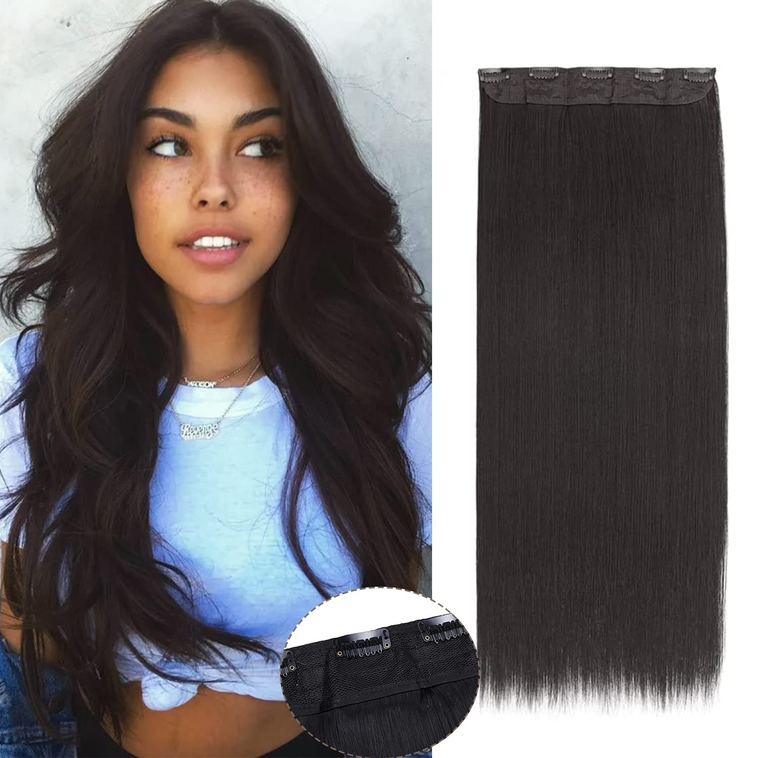 S-noilite Clip in Hair Extensions 26" Straight 3/4 Full Head One Piece 5clips Long Hairpiece Clip on Hair Popular Style New Synthetic Anti-tangle for Dreamlike Girls (26" Straight,Natural Black)