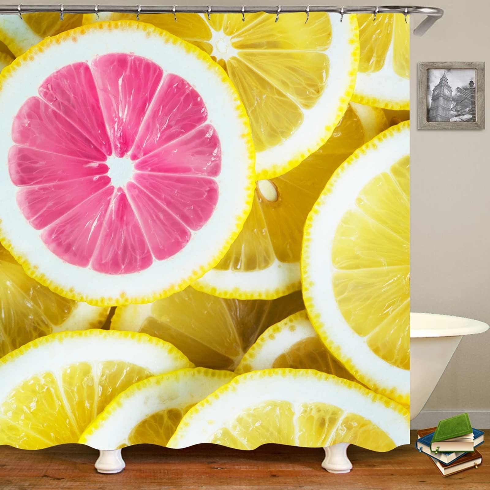 Rideau douche motif citrons KnSam en tissu de qualité supérieure avec anneaux robustes