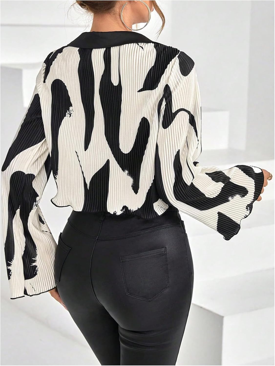 SHENHE Women's Deep V Neck Tie Front Bell Sleeve Collared Plisse Textured Sexy Crop Blouse Top - Image 3