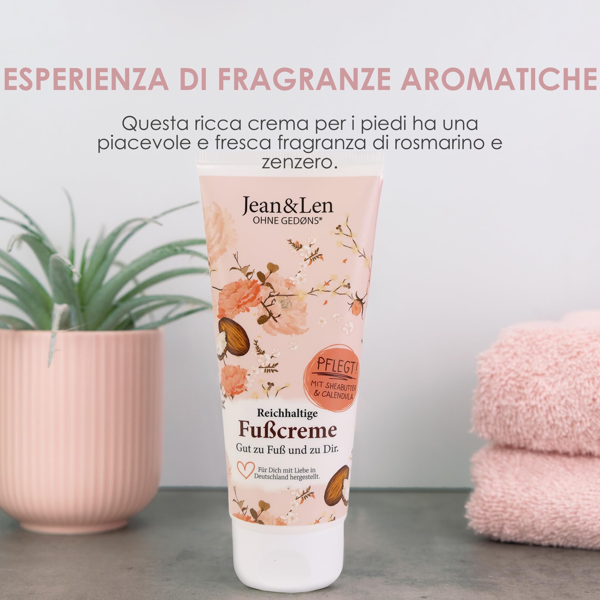 Jean & Len crema piedi burro di karité e calendula, per pelle secca e stressata, cura a fondo e rende i piedi morbidi, profumo rosmarino e zenzero, Foot Cream, senza parabeni e siliconi, 100 ml