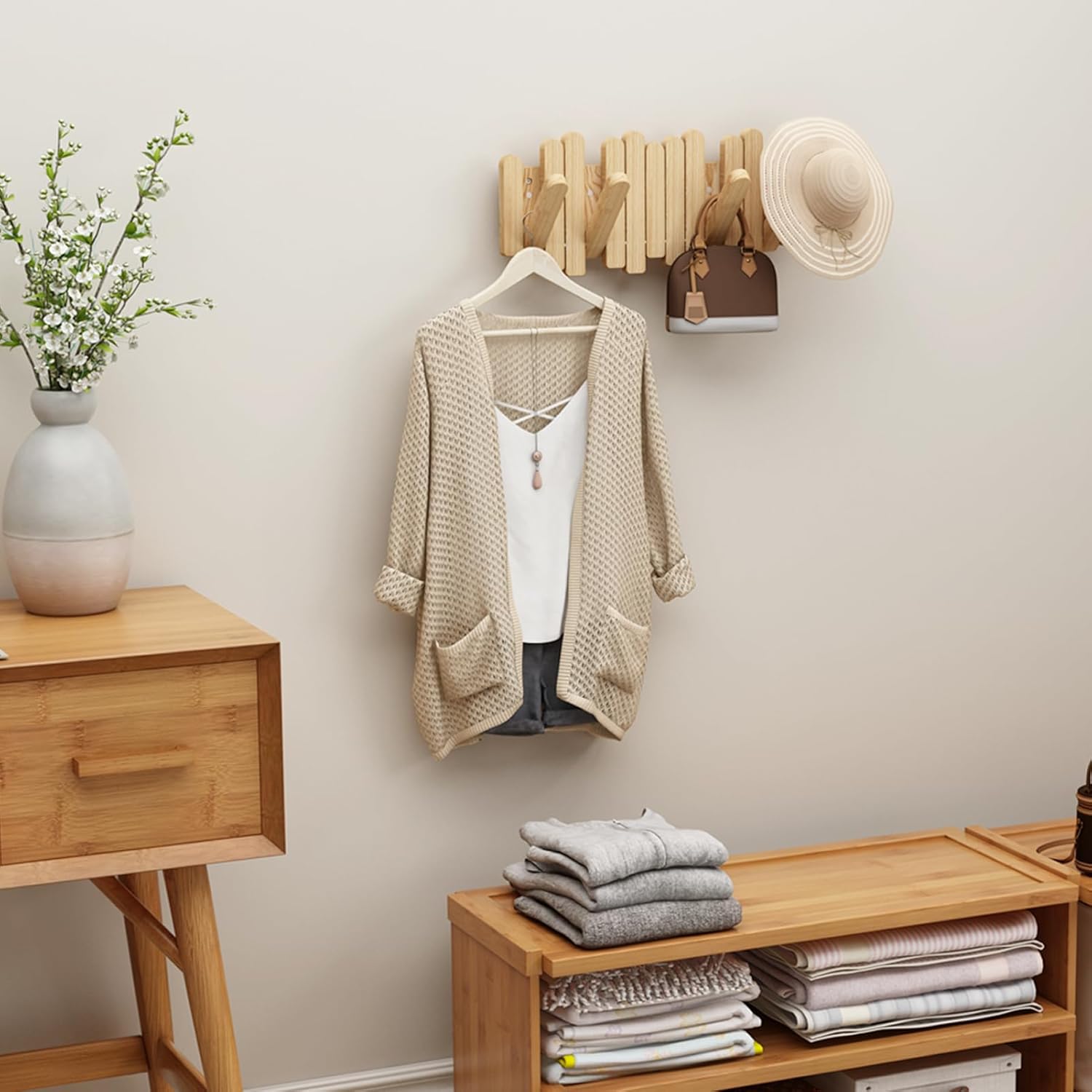 Piano Key Coat Rack - Solid Wood Wall Organizer with 5 Hooks, Vintage Entryway Storage for Coats & Bags, Space-Saving for Apartments, Music Studios & Farmhouse Decor (Natural)