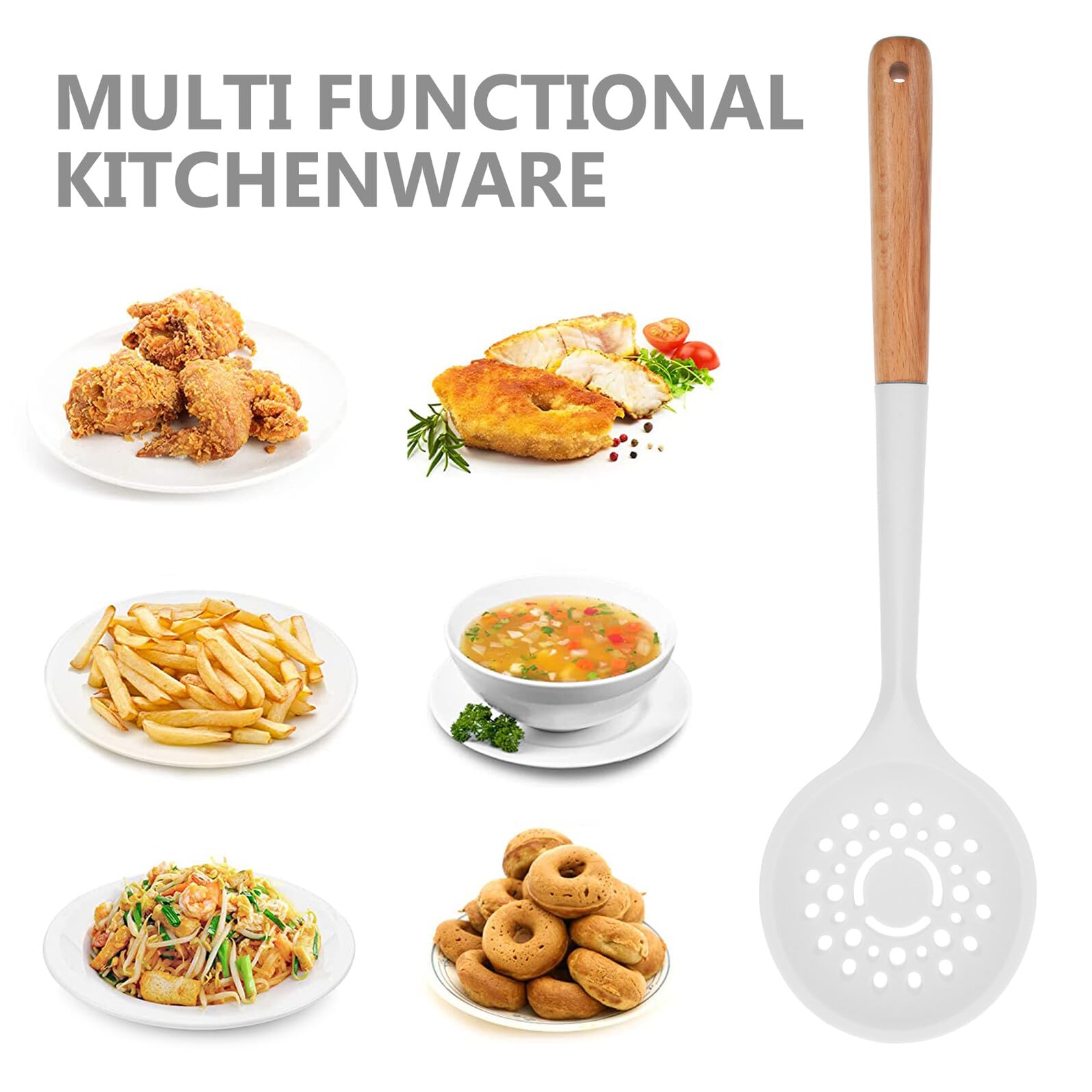 VILLCASE Cuchara Coladora de Silicona Mango de Madera Perforada y Resistente Oxidación para Cocina Multifuncional y Escurrir Alimentos