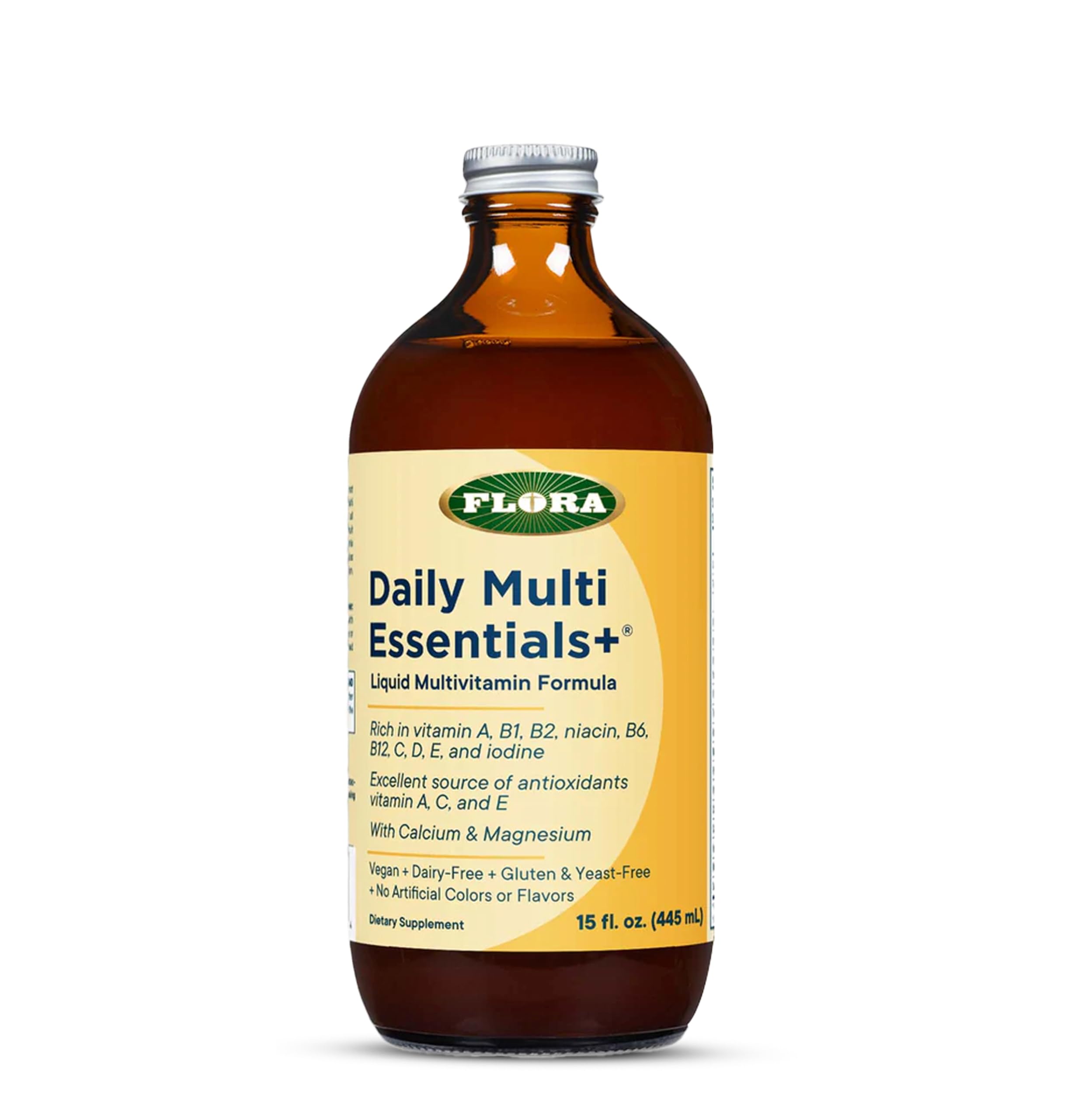 Flora - Daily Multi Essentials+ - Liquid Multivitamin Formula - Supports Energy, Antioxidant & Immune Health - with 13 Vitamins & Minerals - Vegan, Dairy-Free & Gluten-Free - 15 fl. oz. Glass Bottle