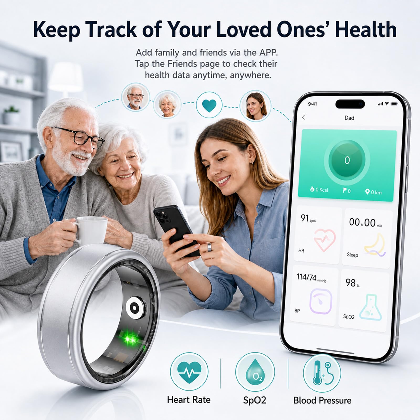 Anillo inteligente para mujeres y hombres, IP68, resistente al agua, con frecuencia cardíaca, oxígeno en sangre y monitor de sueño, anillo de seguimiento de salud compatible con iOS y Android, sin
