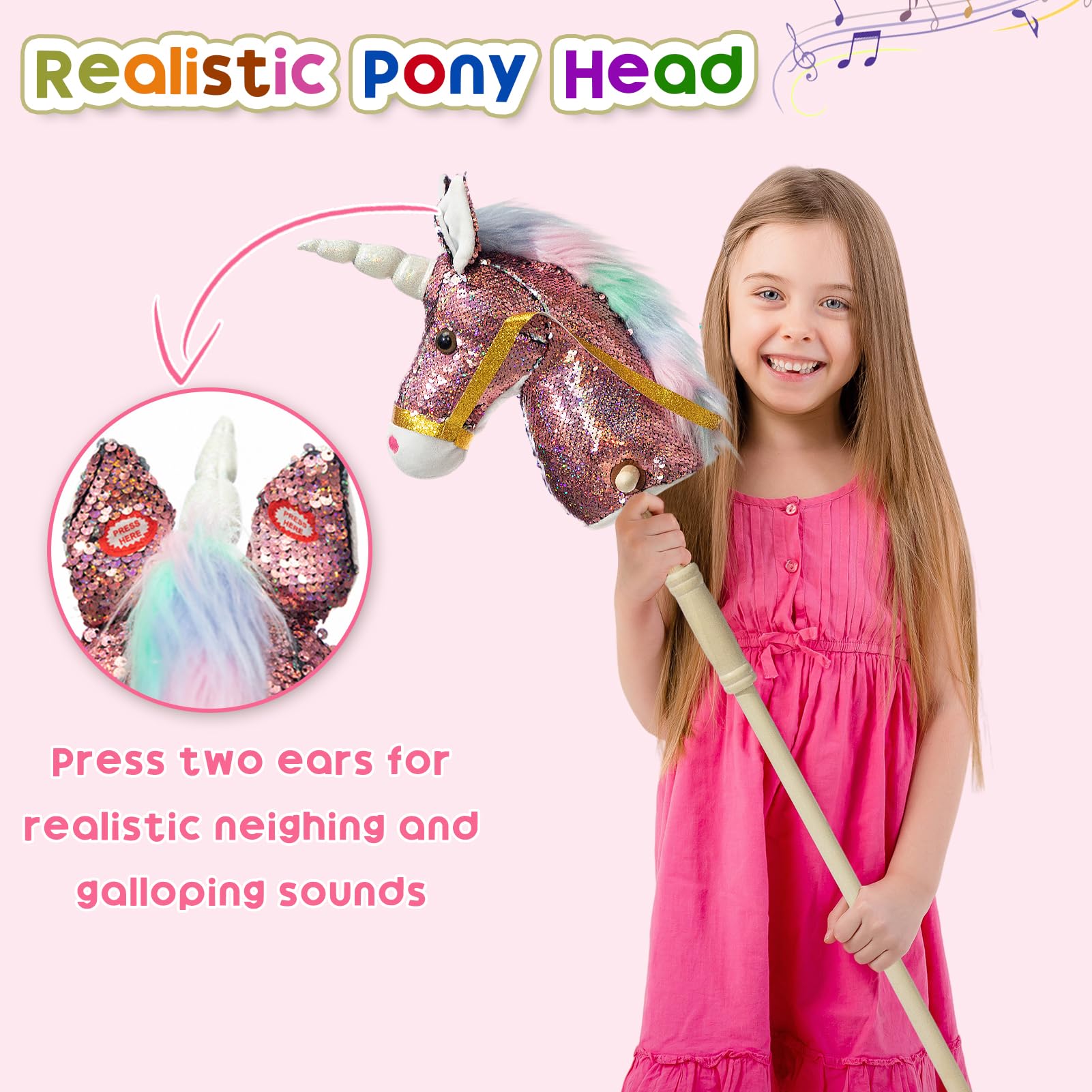 Caballo de unicornio de lentejuelas hecho a mano, caballo de pasatiempo en un palo con ruedas de madera, poni real, sonidos vecinos y galopantes, juguete de unicornio de peluche, color rosa, 2